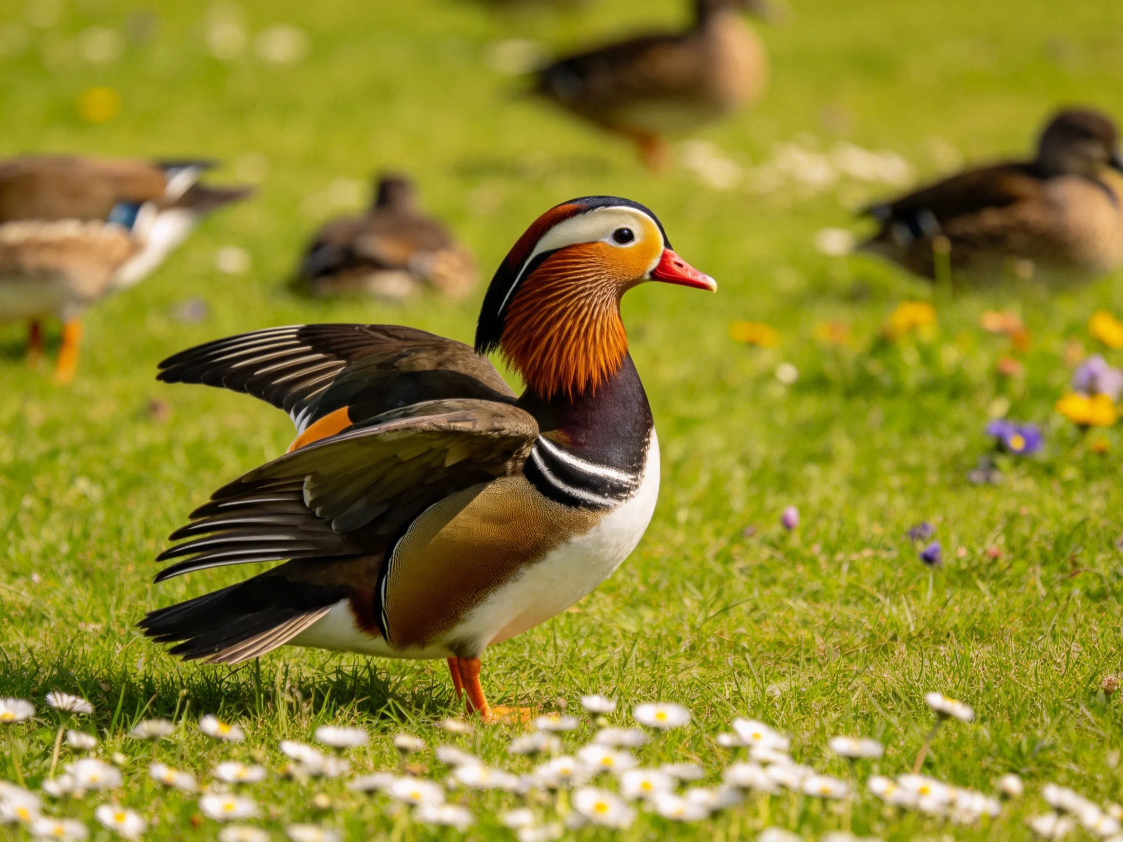 Vibrant mandarin duck amid green grass and wildflowers