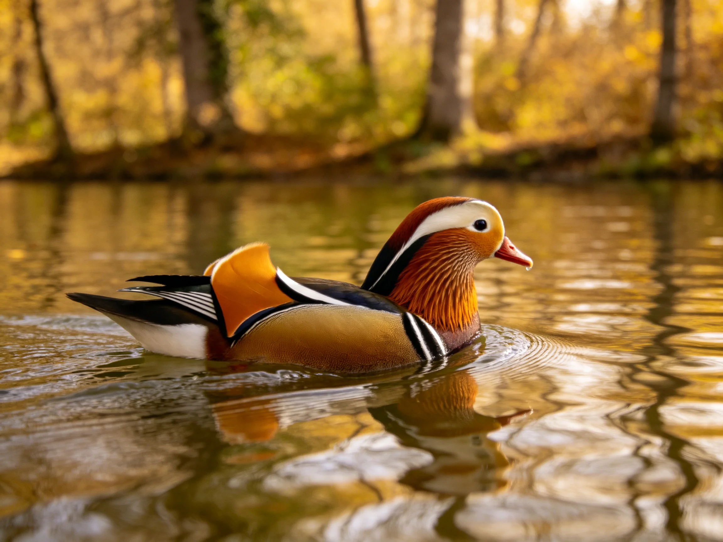 Vibrant mandarin duck glides through golden water