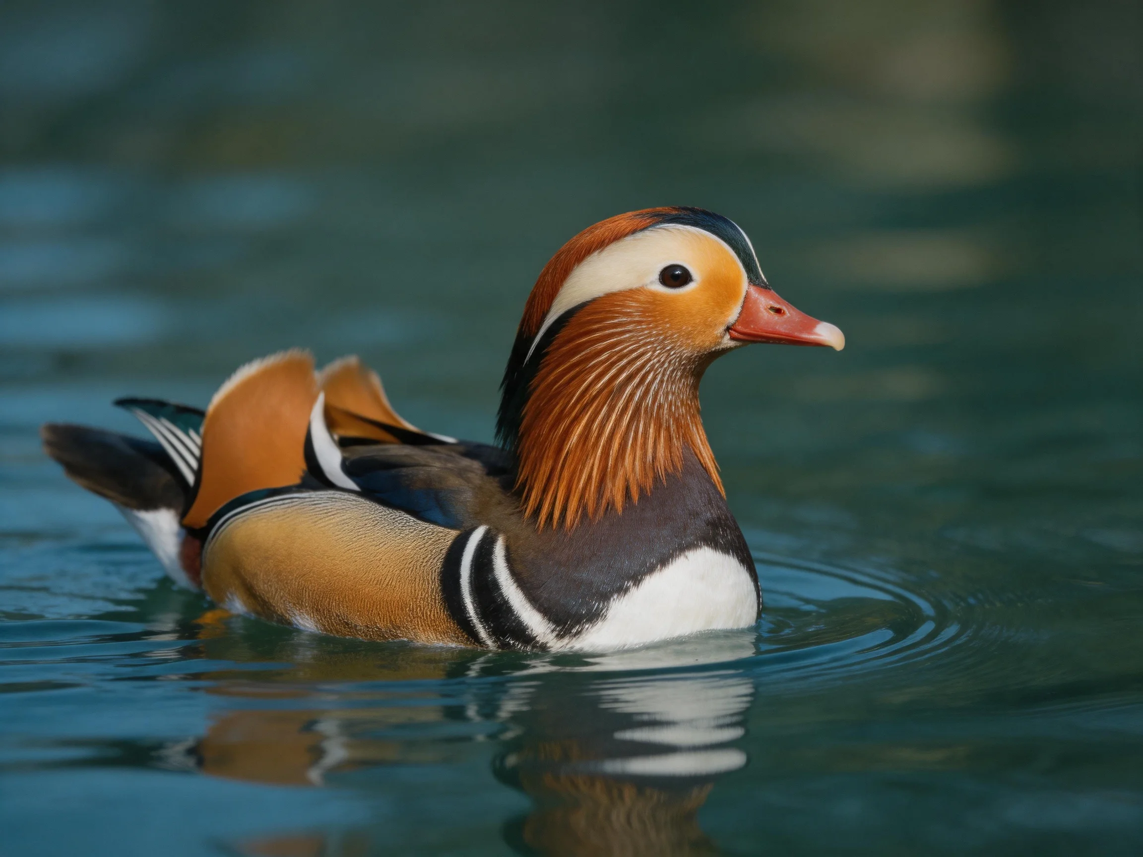 Vibrant mandarin duck swimming in clear blue-green water.