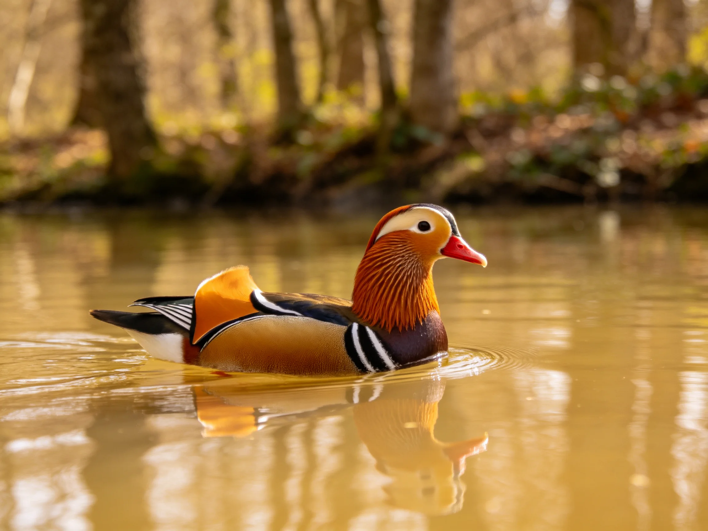 Vibrant mandarin duck swimming in golden forest pond