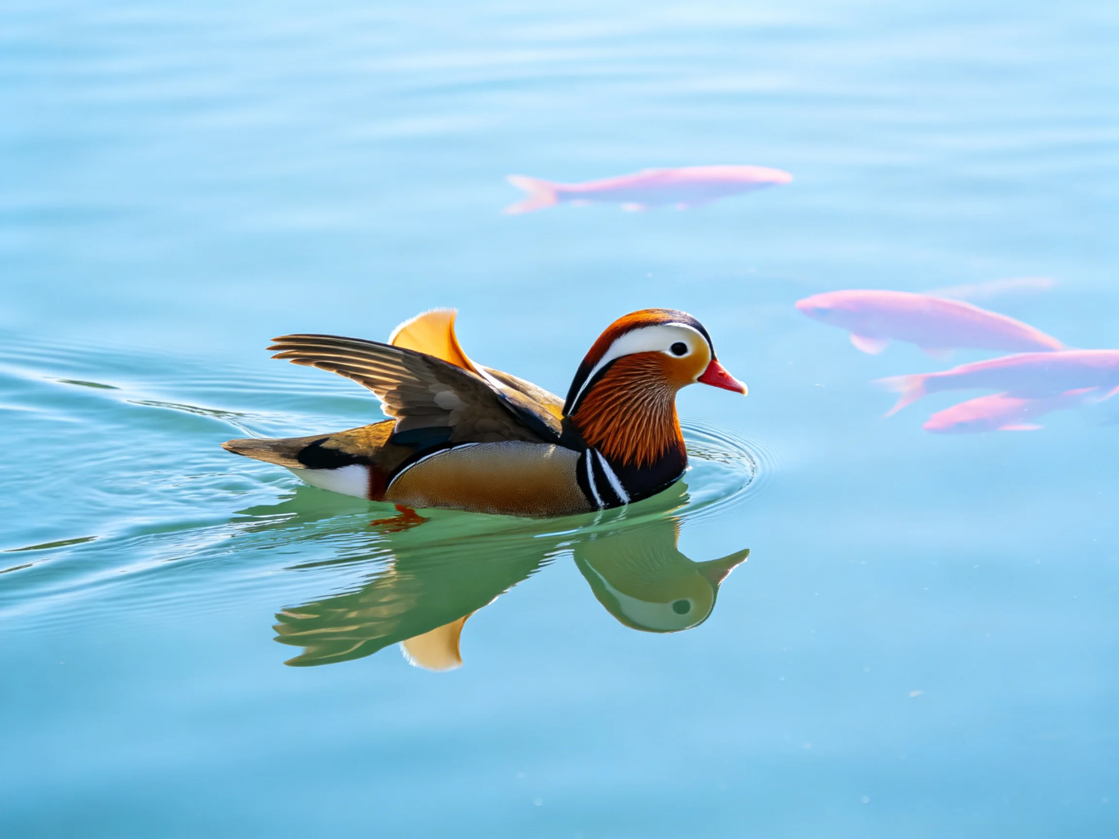 Vibrant mandarin duck swimming near pink koi fish in calm blue water.