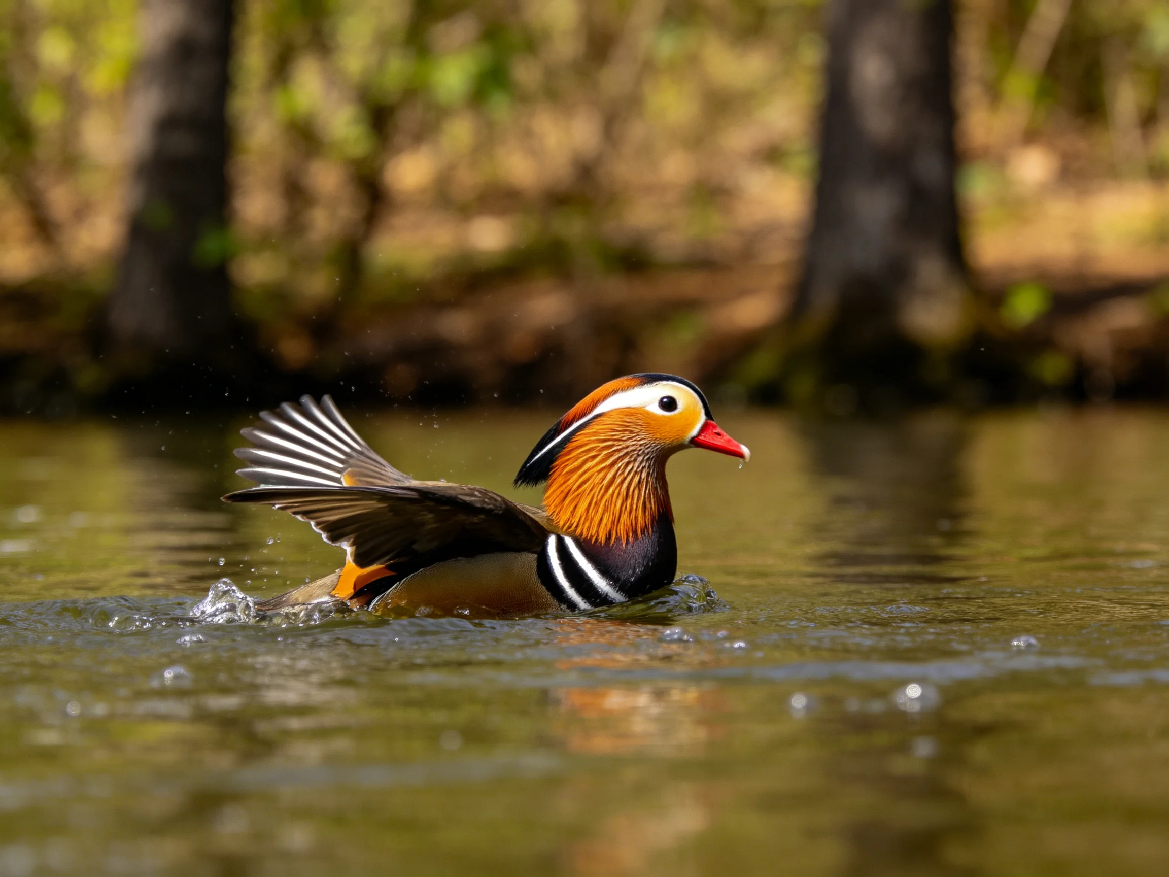 Colorful mandarin duck swims in calm water near trees