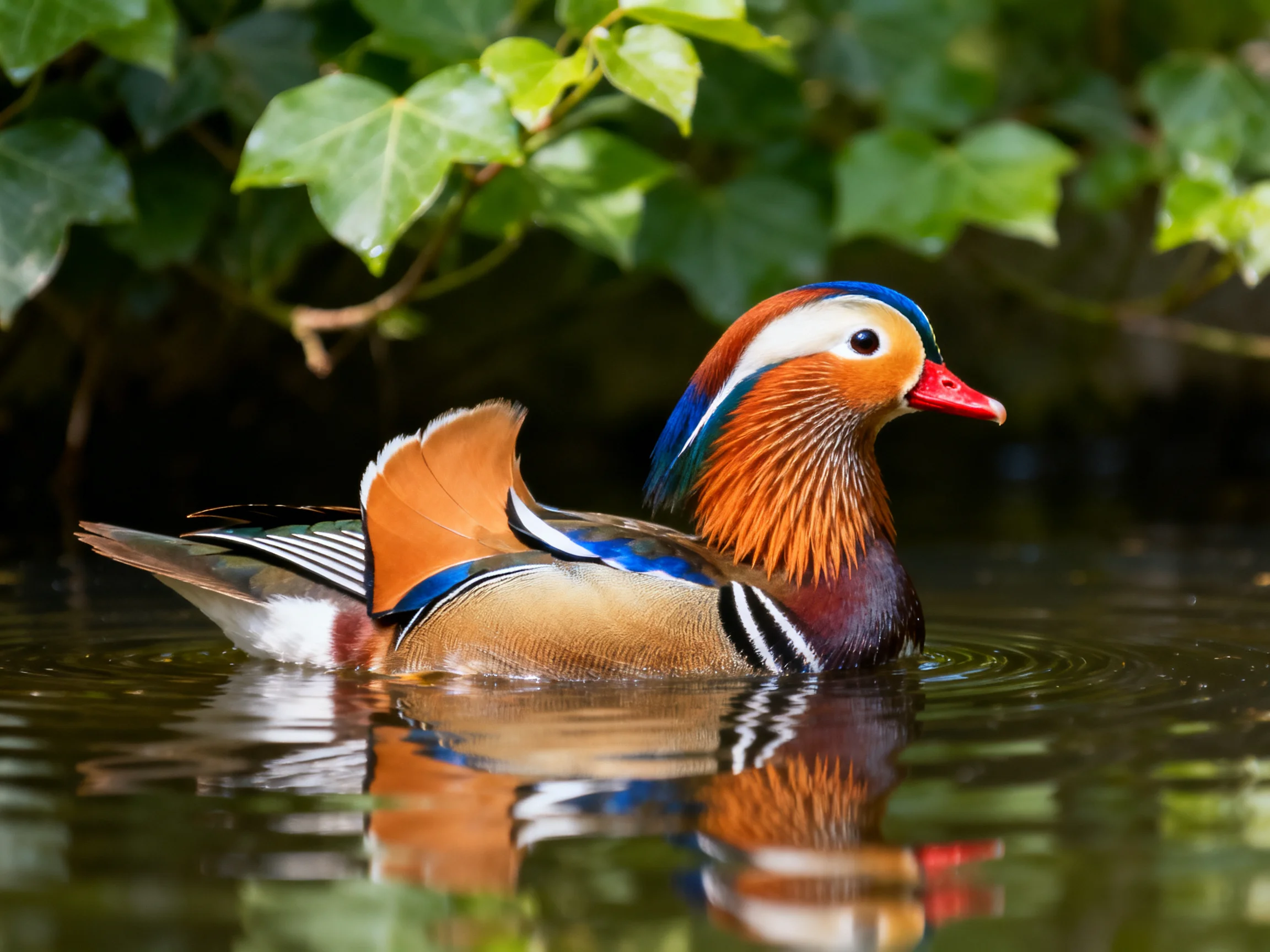 A colorful mandarin duck swims in calm water near green foliage.