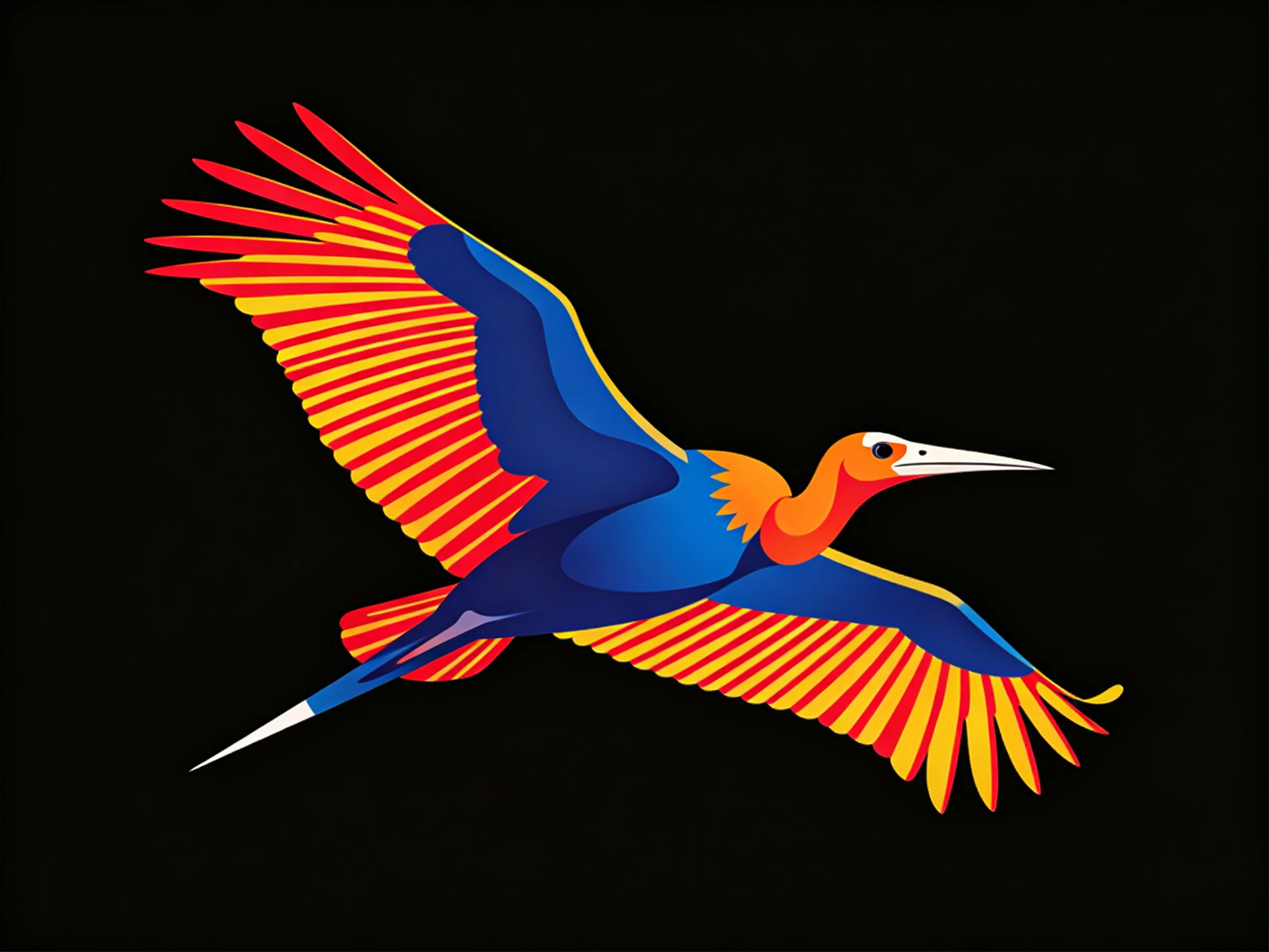 Vibrant multicolored bird flies with extended wings against a solid black backdrop