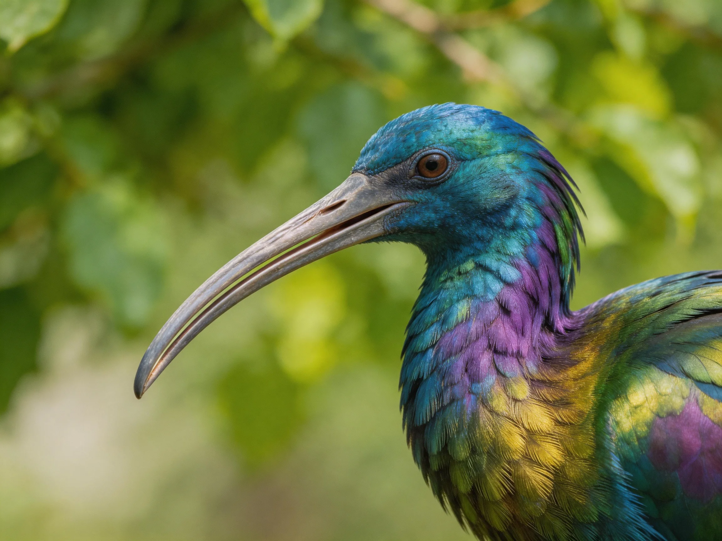 Vibrant multicolored ibis with long curved beak