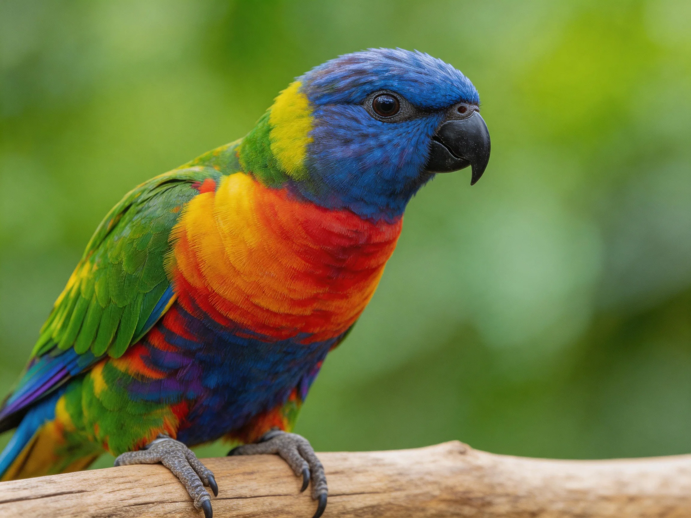 Vibrant multicolored parrot perched on a wooden branch