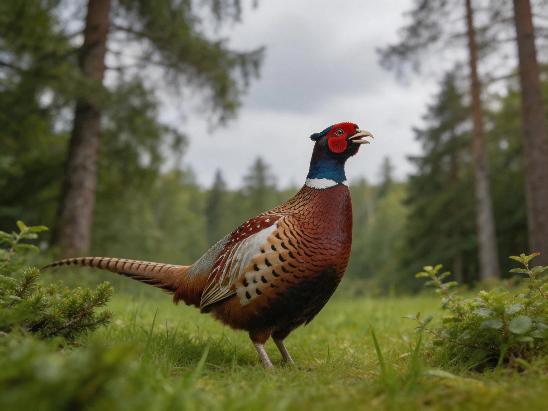 Vibrant multicolored pheasant in forest clearing
