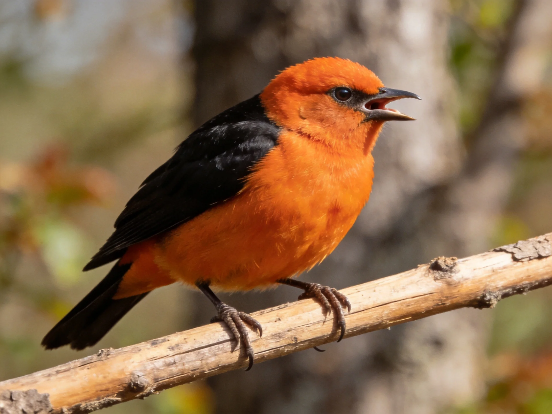 Vibrant orange and black songbird perched on a light brown branch