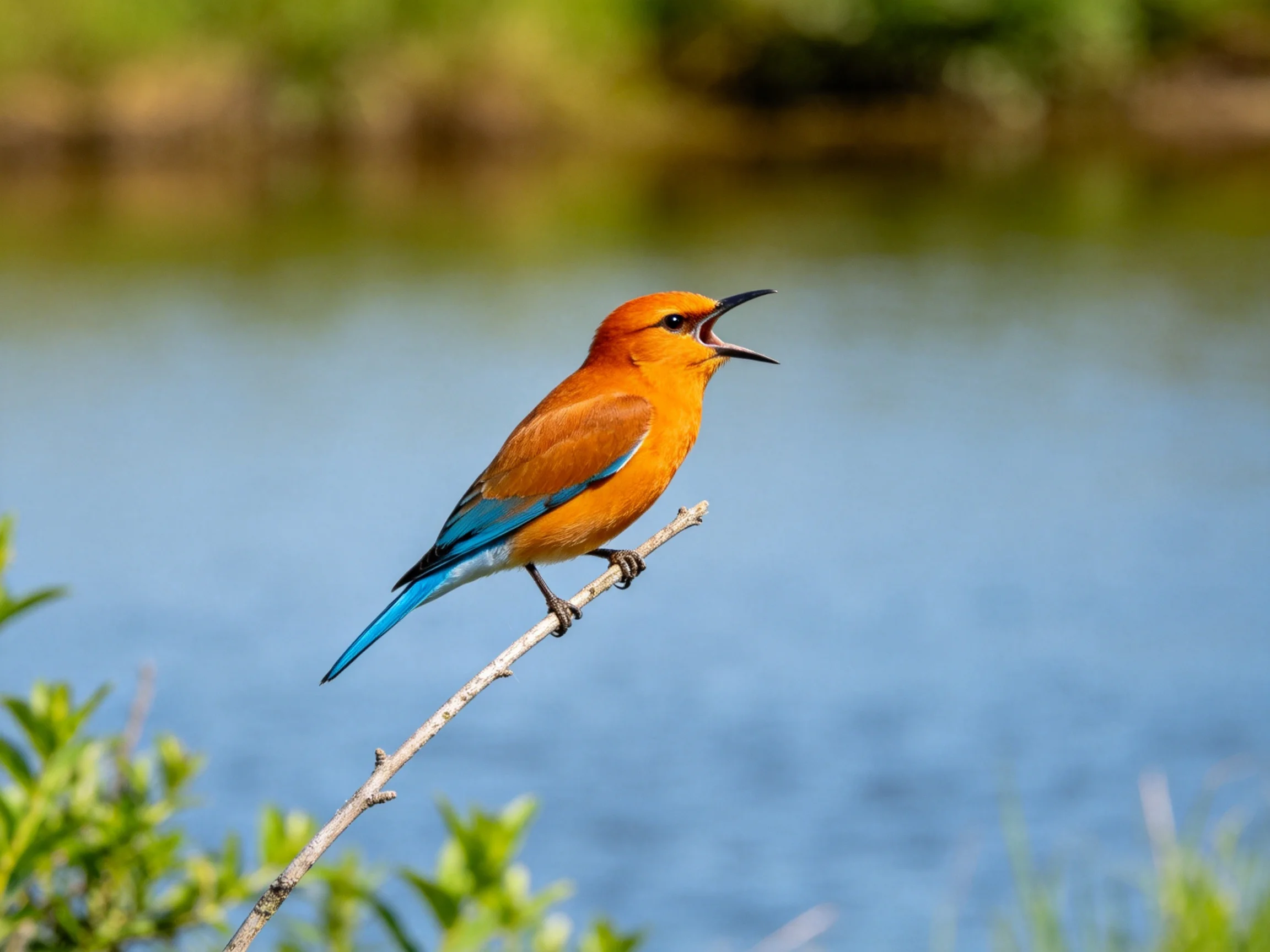 Orange-blue bird rests on branch near calm water