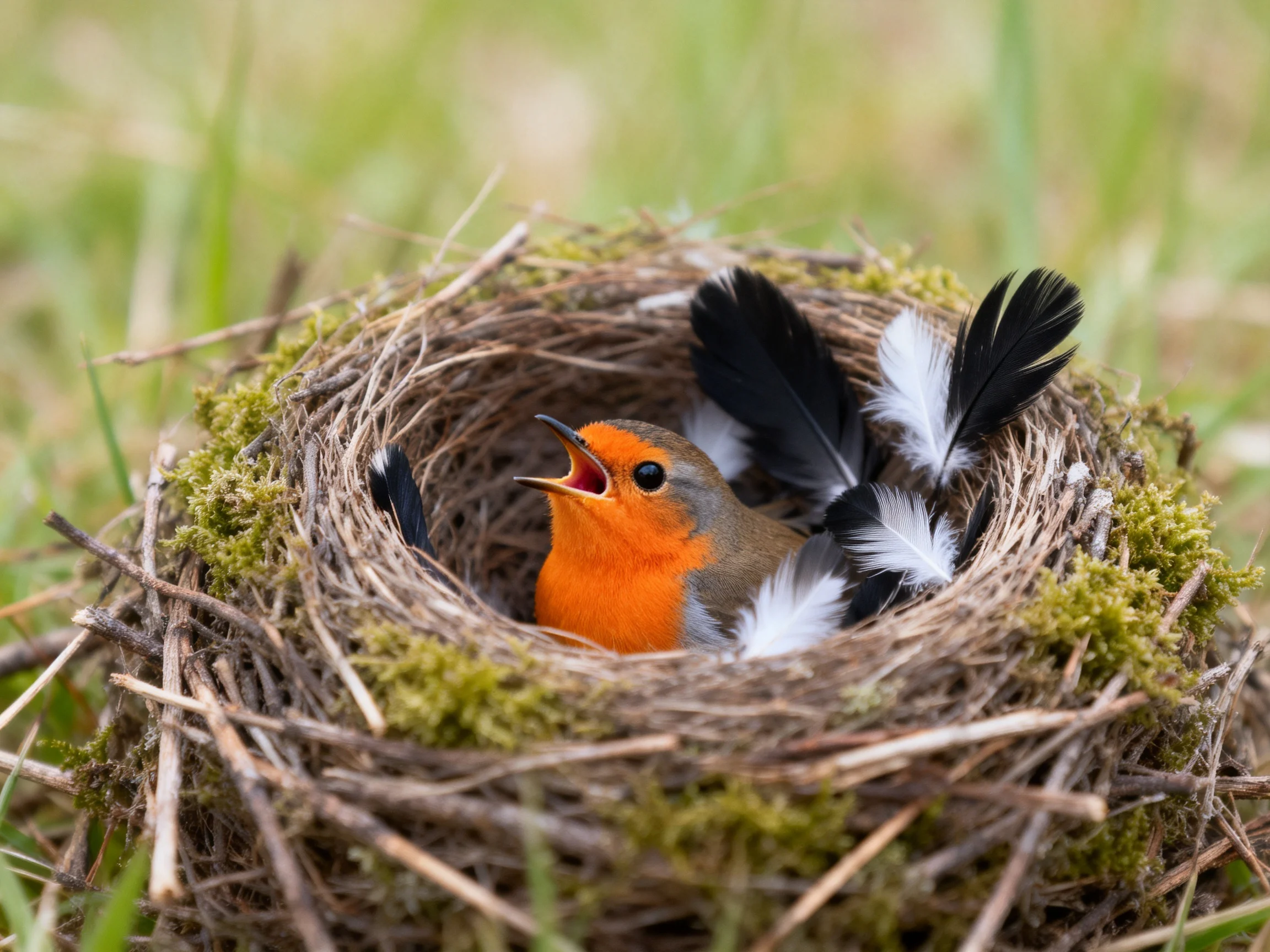 Vibrant orange bird in mossy twig nest with black feathers