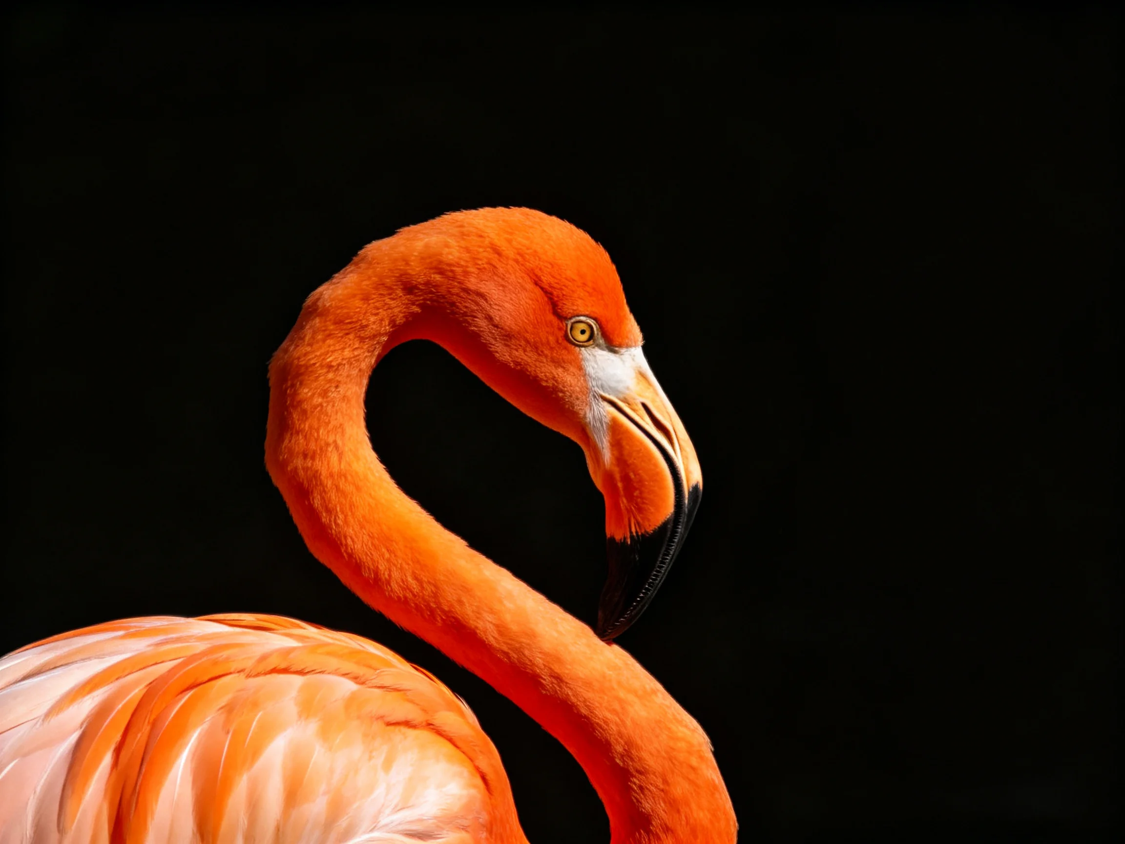 Vibrant orange flamingo with curved neck on stark black backdrop
