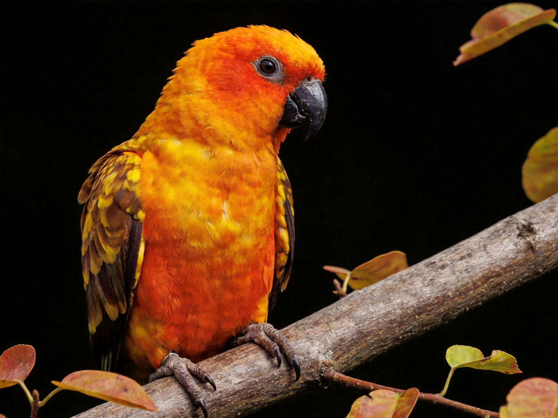 Vibrant orange-yellow parrot perched on a wooden branch