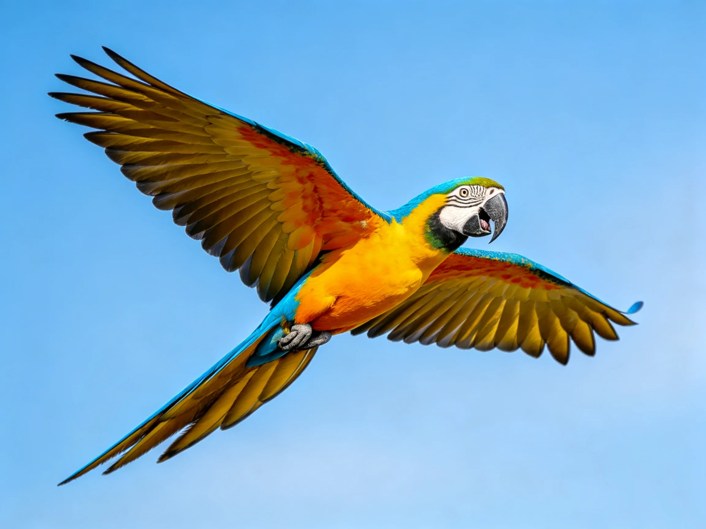 Vibrant parrot soars with blue, yellow, and orange feathers