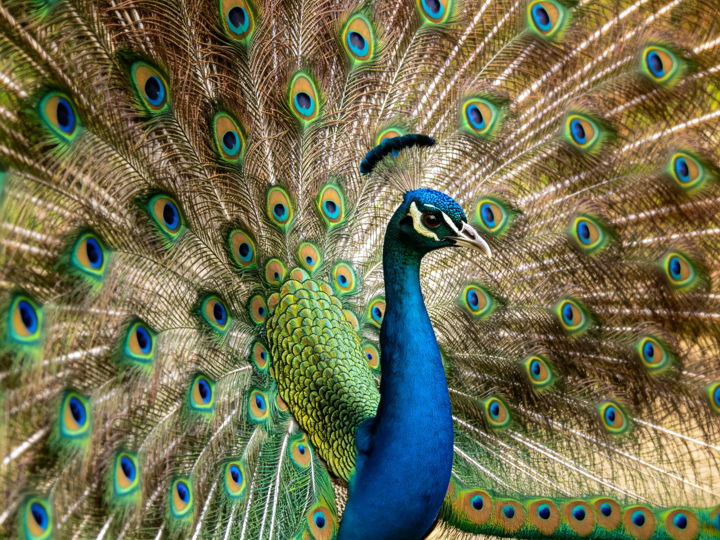 Vibrant peacock displaying fanned tail feathers with iridescent hues