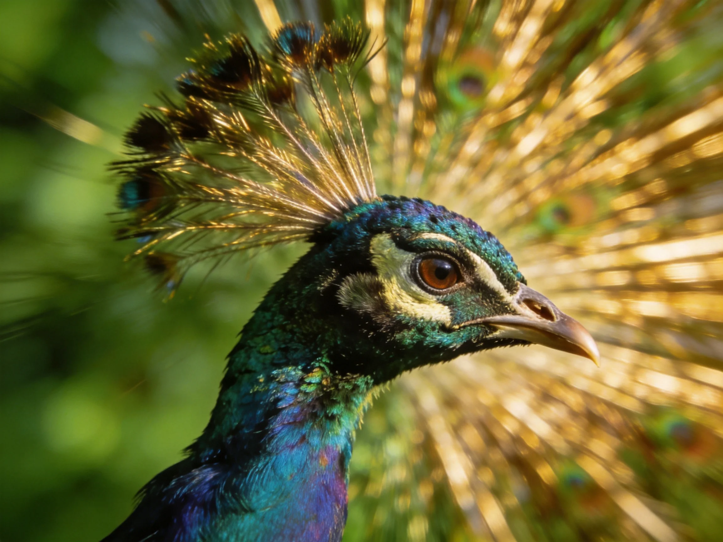 Vibrant peacock displaying iridescent tail feathers