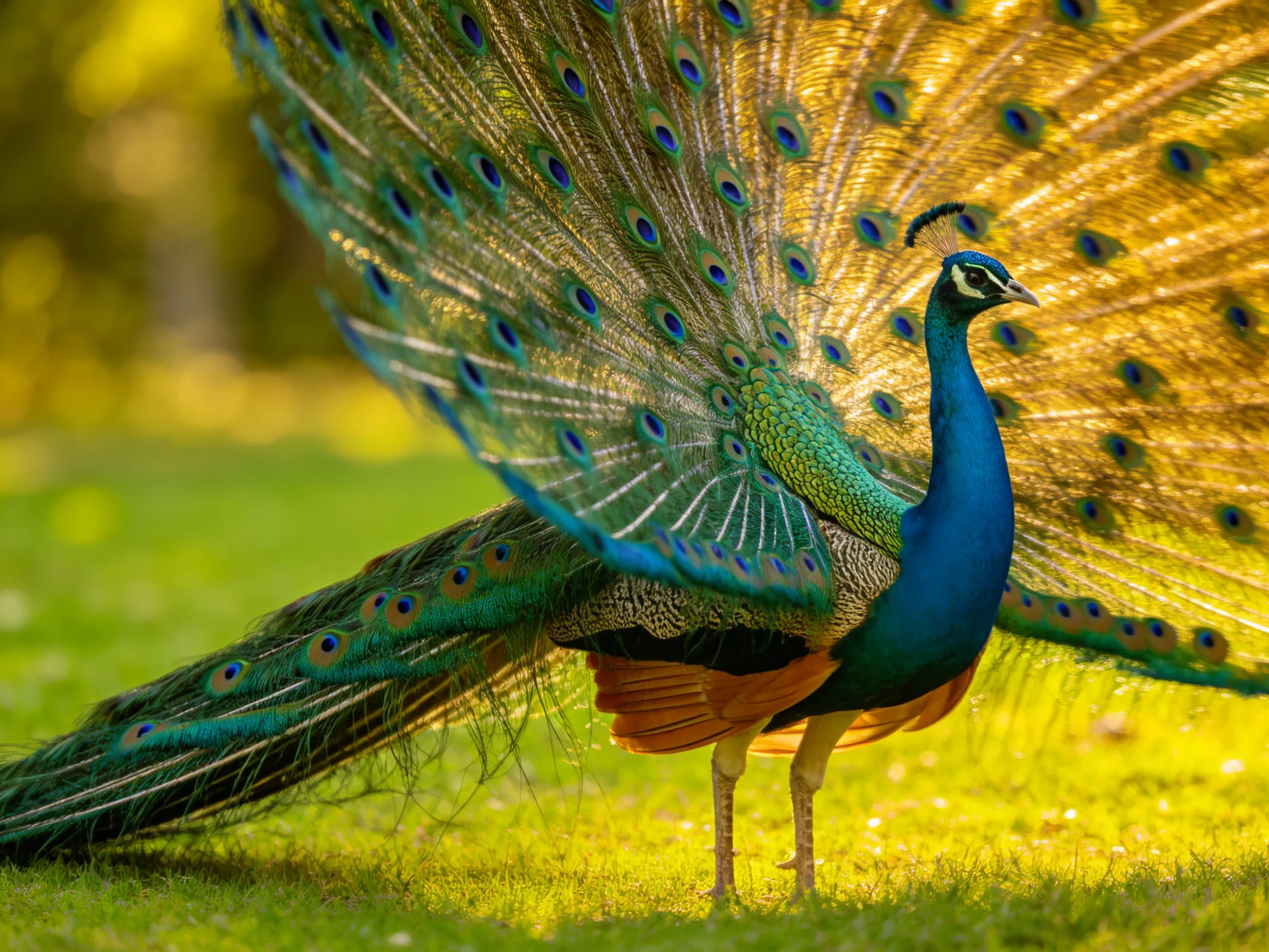 Vibrant peacock displays colorful tail feathers on sunny grass