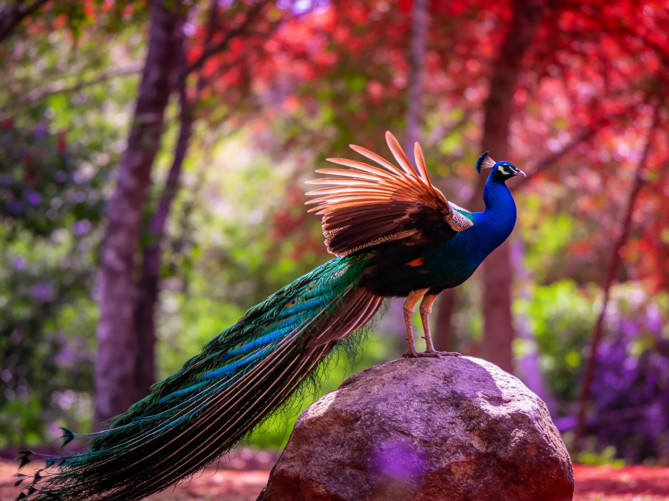 Vibrant peacock displays on large rock amid colorful forest
