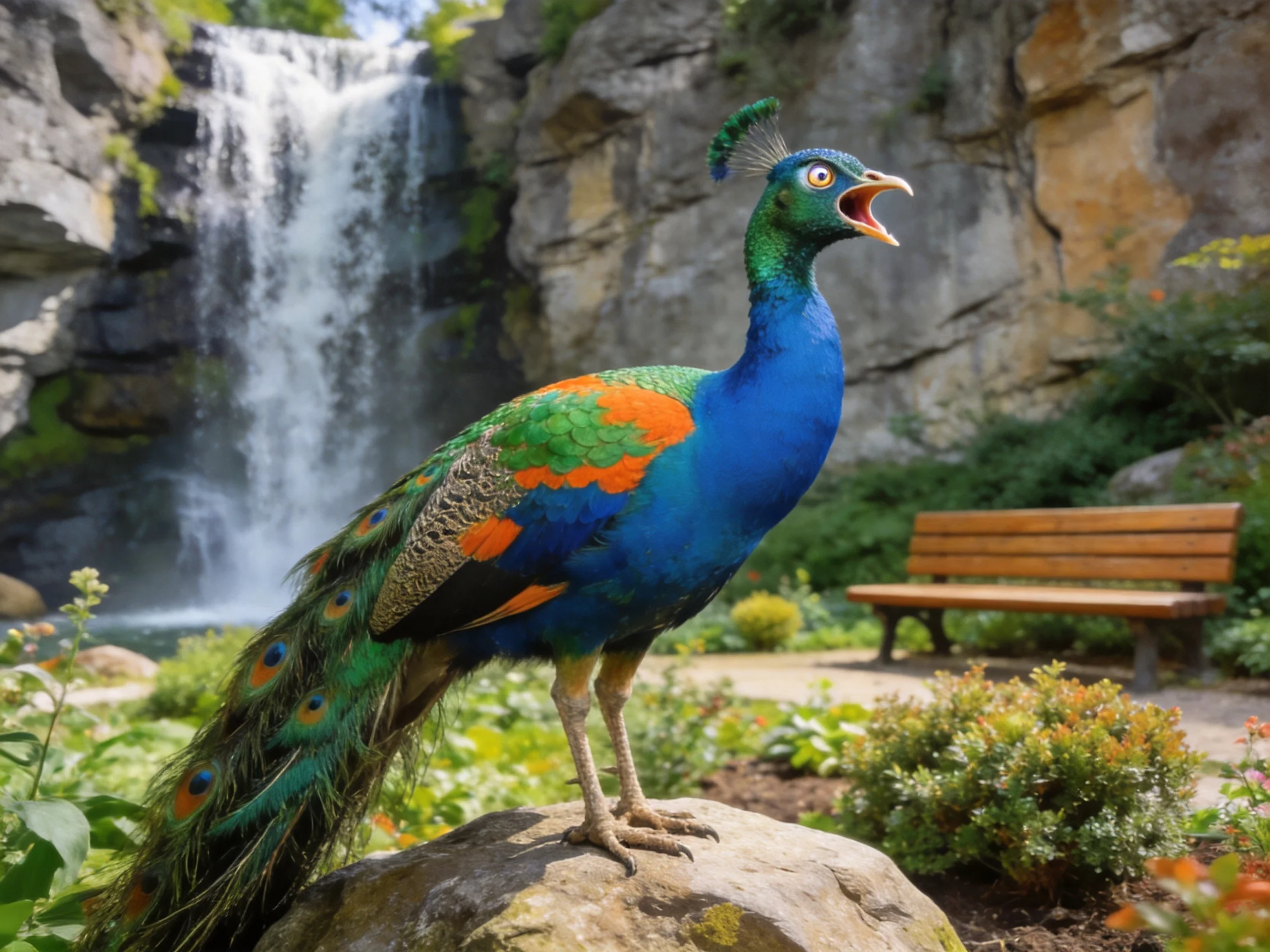 Vibrant peacock near a cascading waterfall