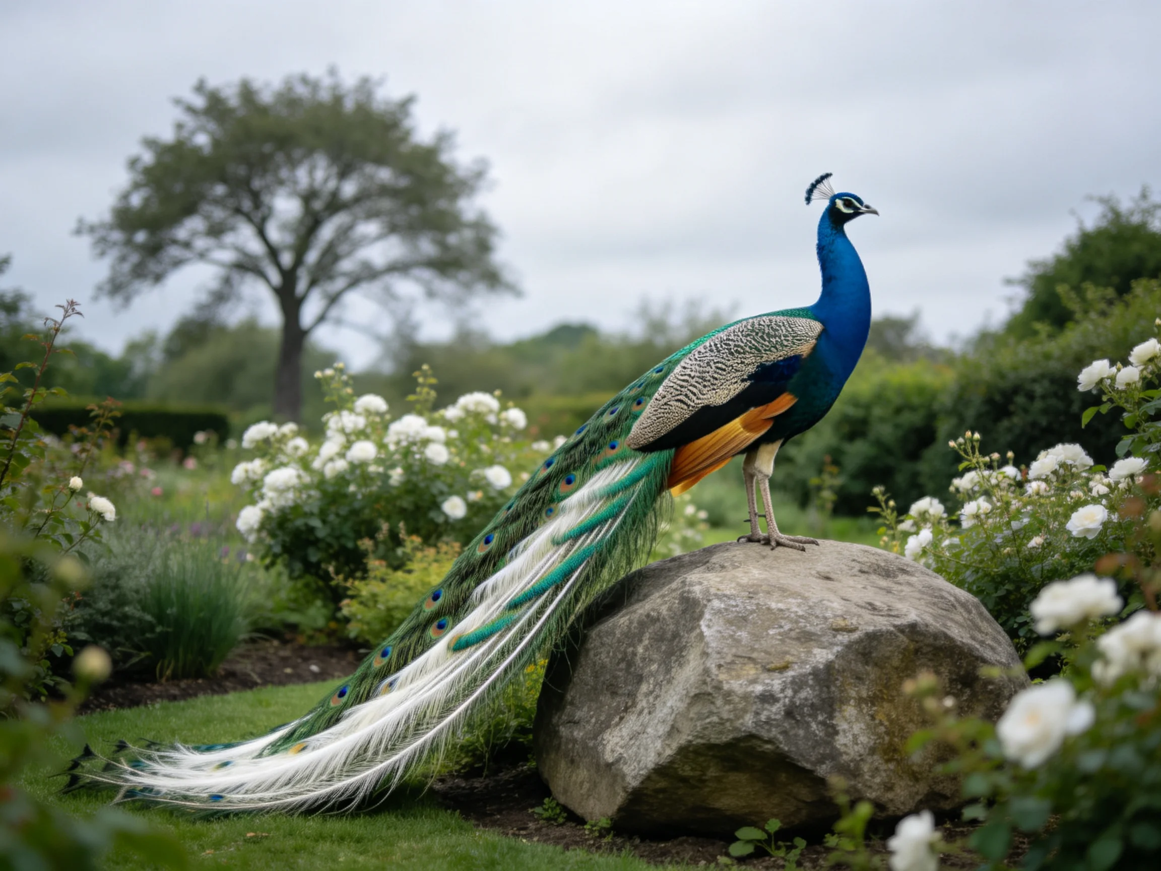 Peacock stands on stone in flower-filled garden.