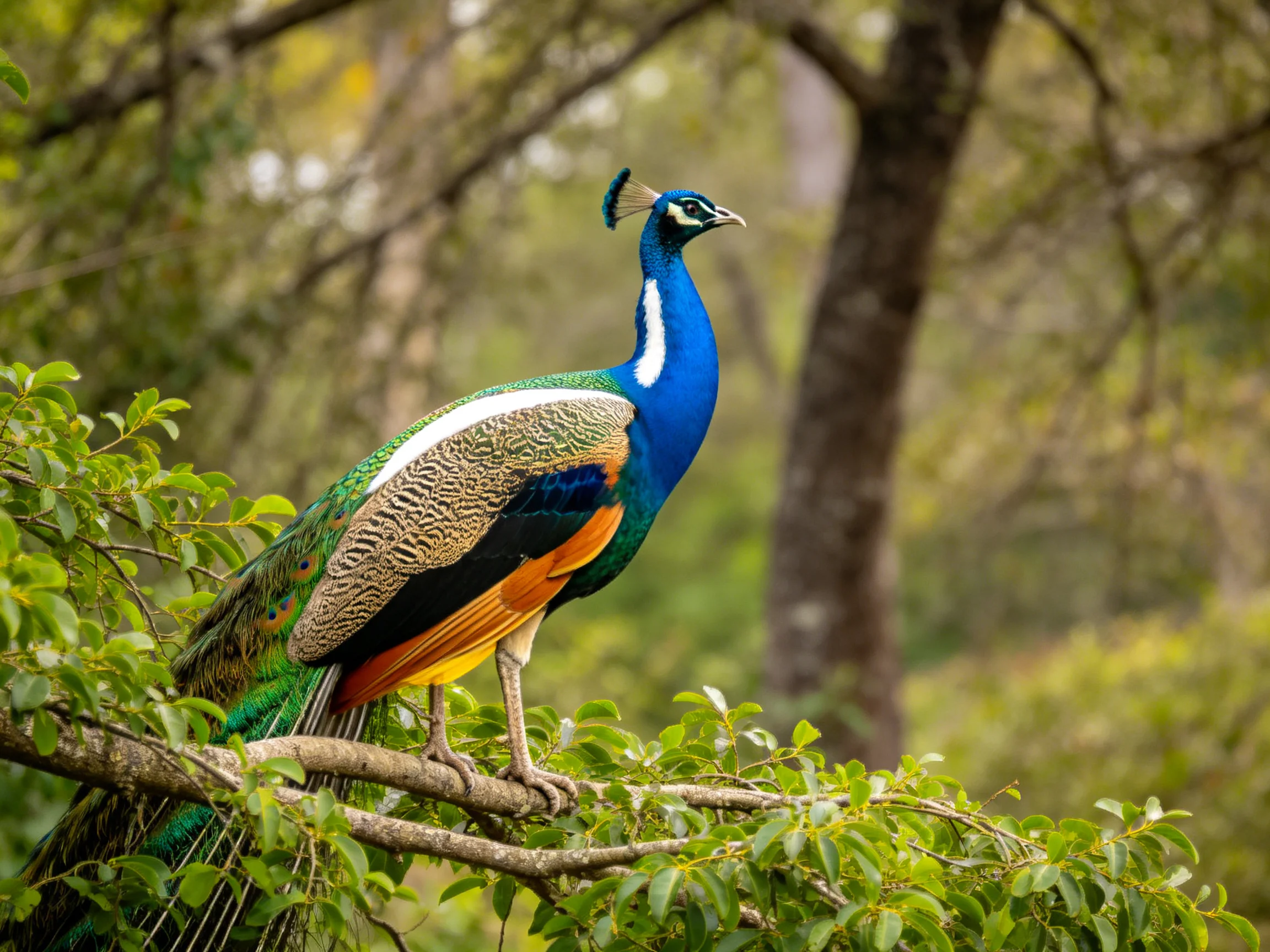 Vibrant peacock perched on leafy branch in forest