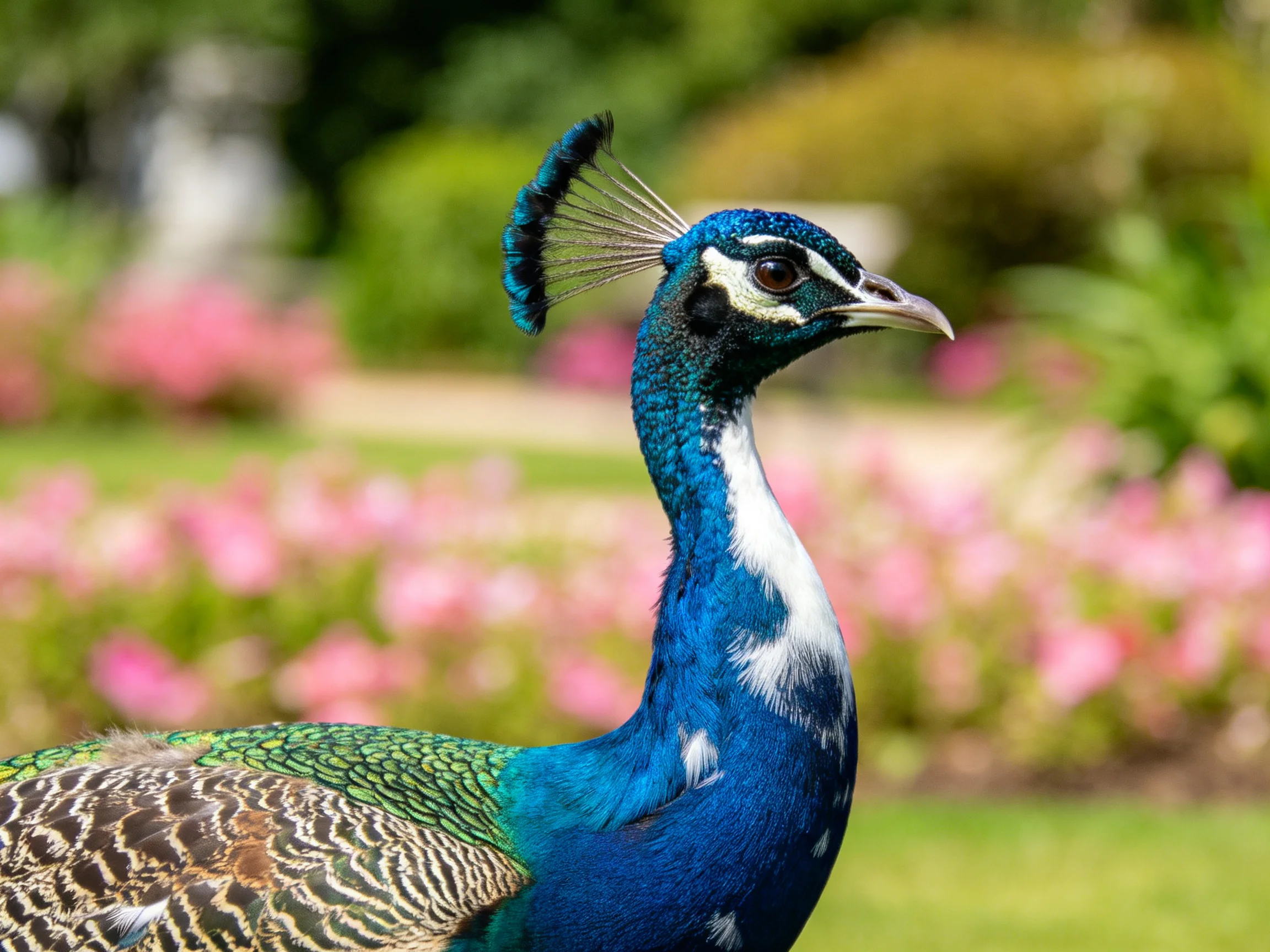Vibrant peacock with blue neck, green wings, pink flowers