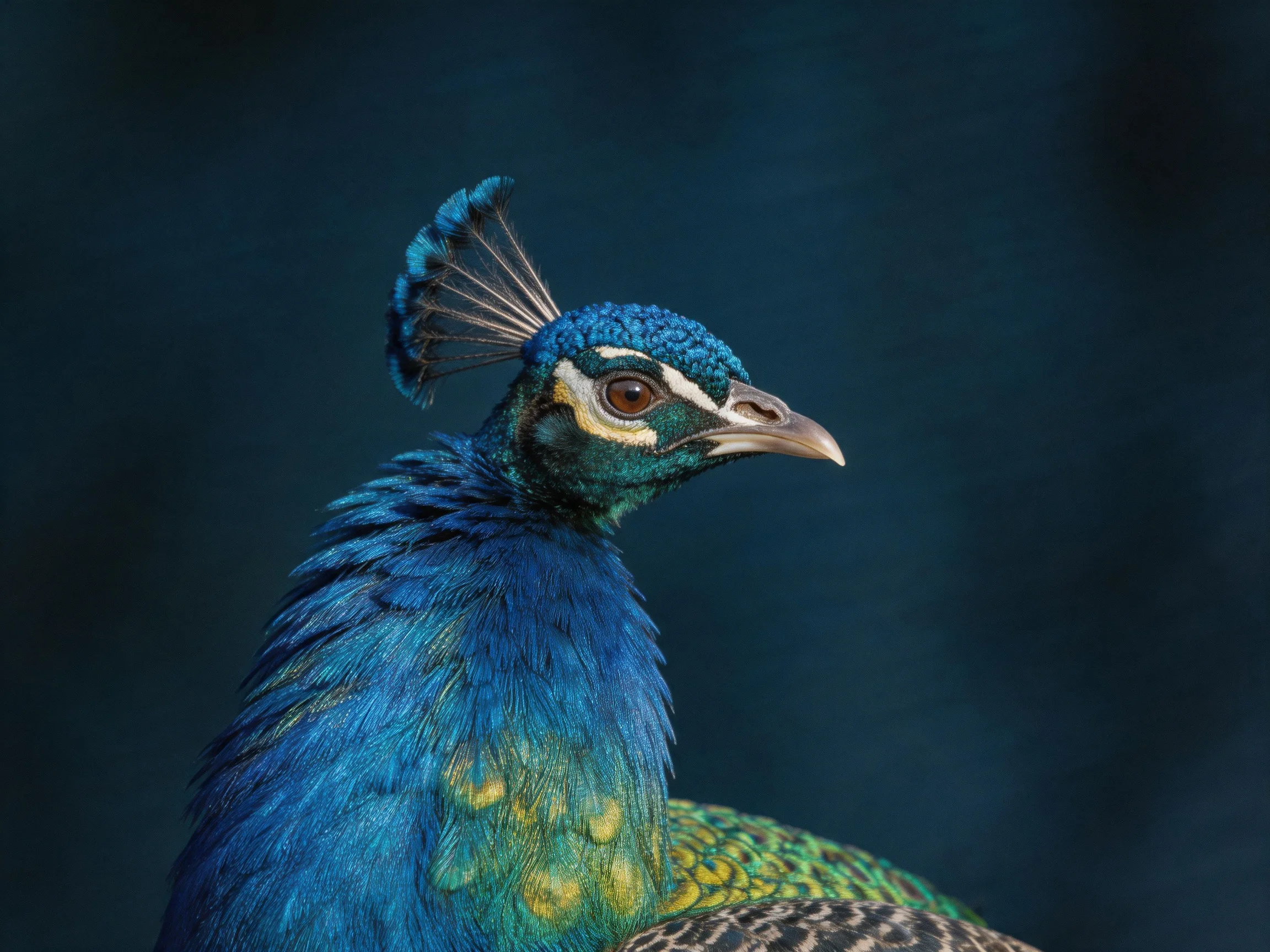 Vibrant peacock with iridescent blue-green plumage