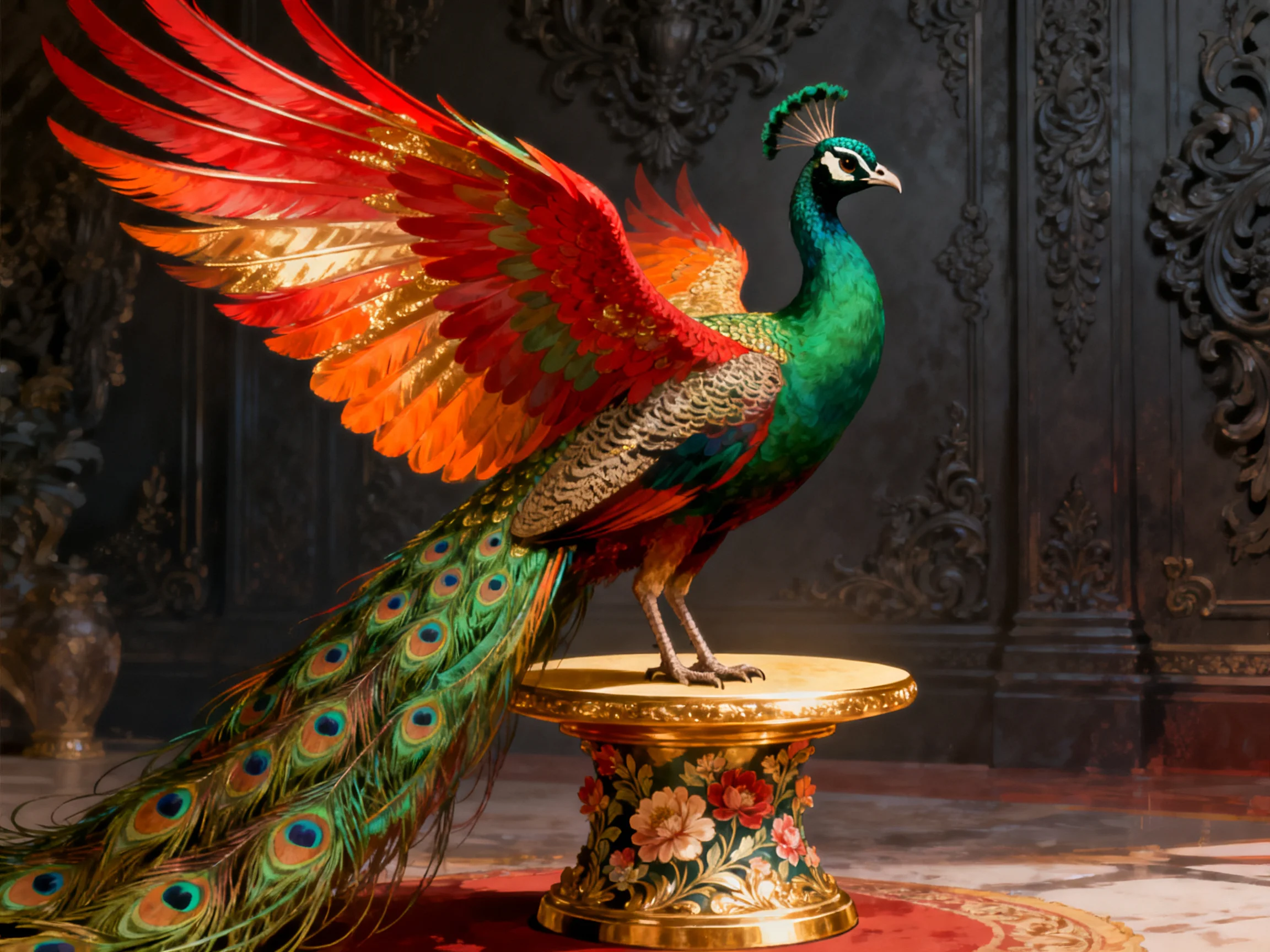 Vibrant peacock with multicolored plumage on ornate golden pedestal