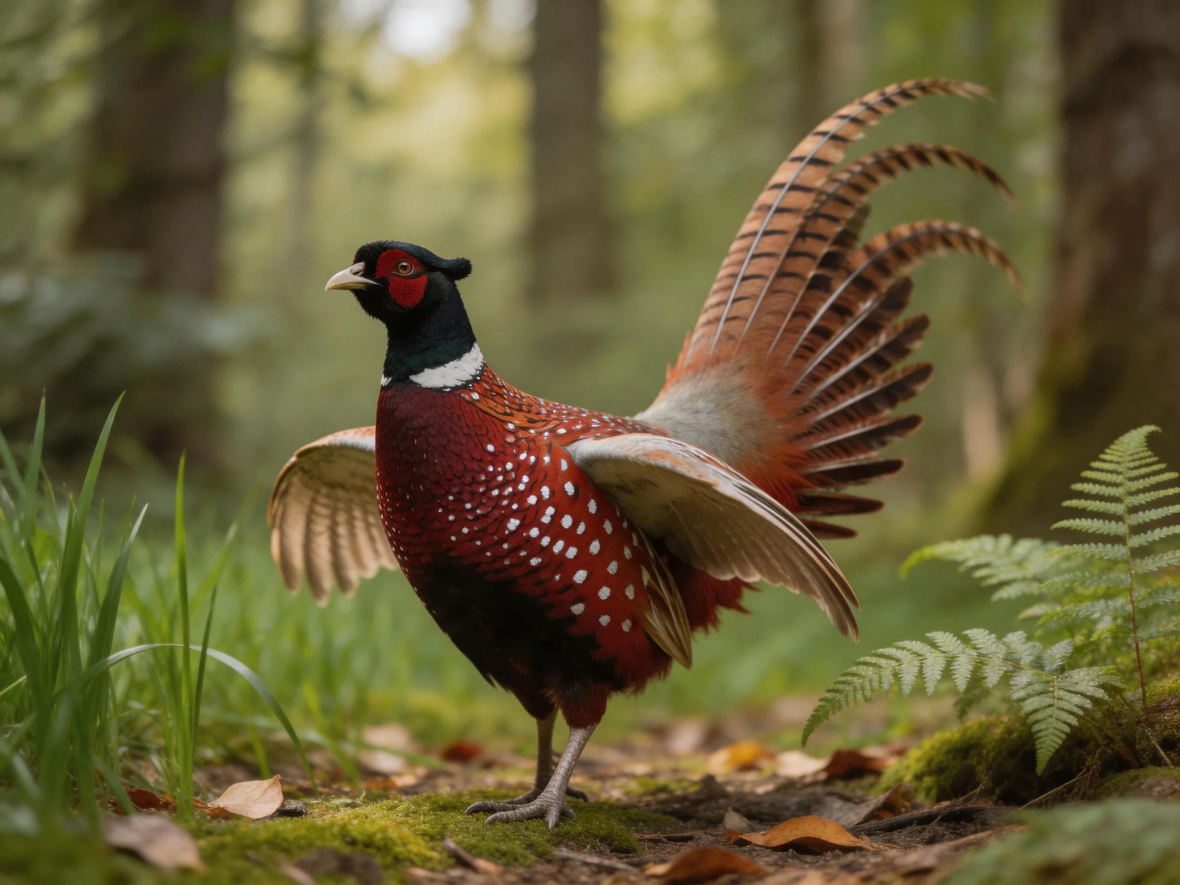 Vibrant pheasant displays colorful plumage in mossy forest