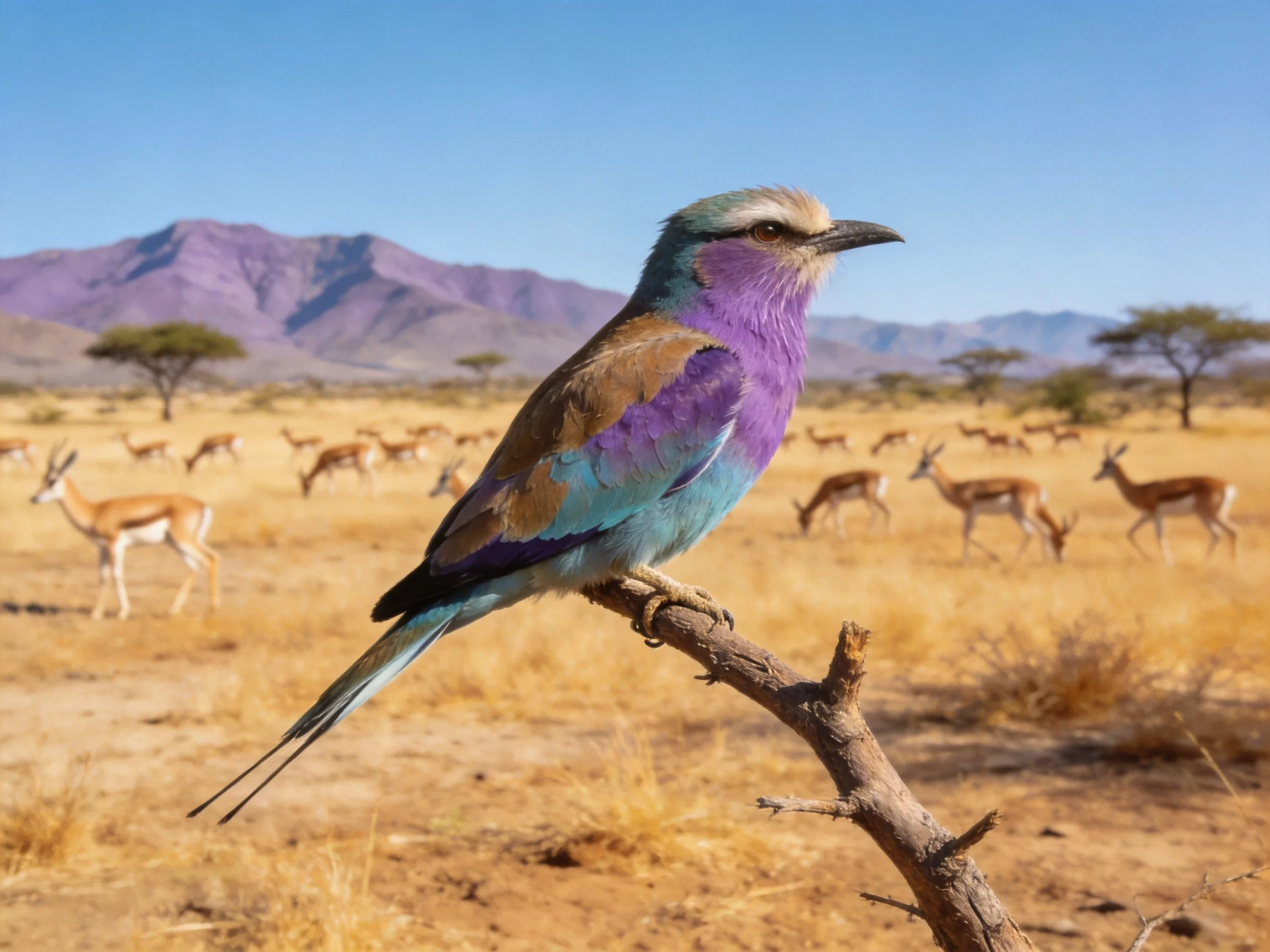 Vibrant purple and blue bird perched on branch above savannah with antelopes