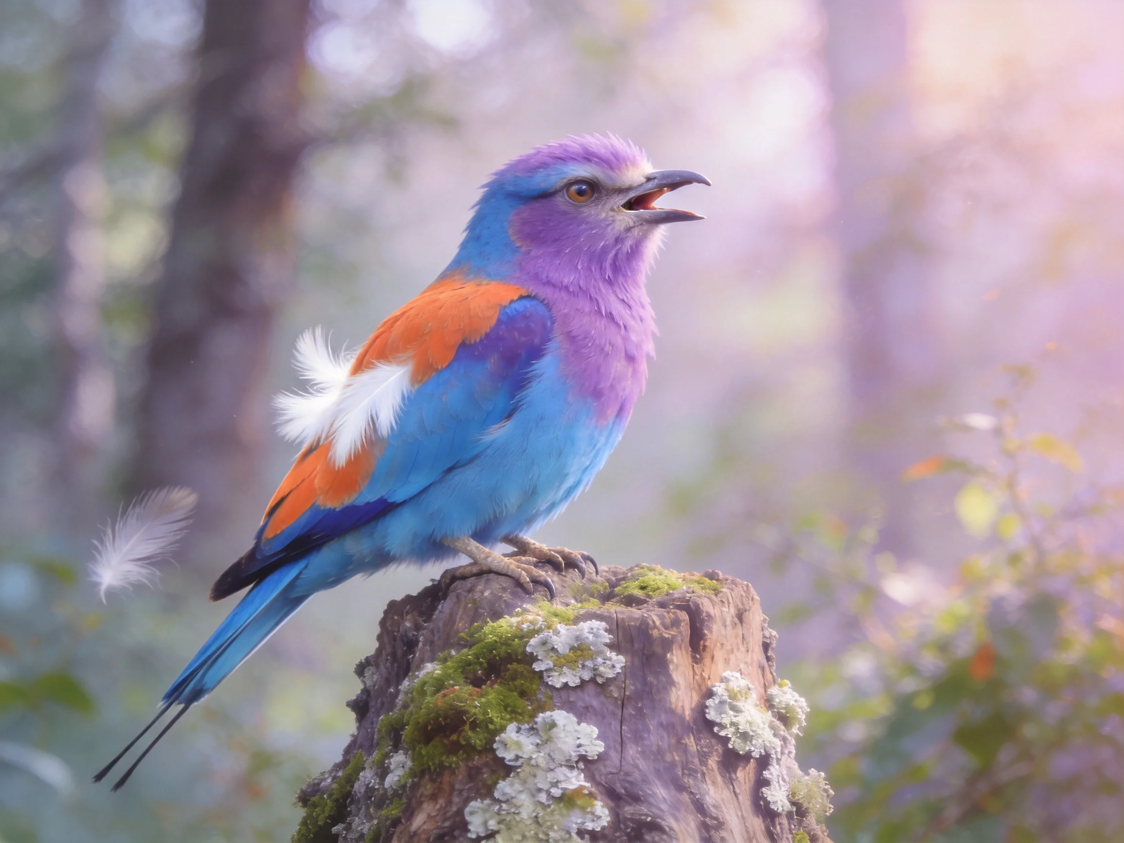 Vibrant purple, blue, and orange bird on mossy tree stump