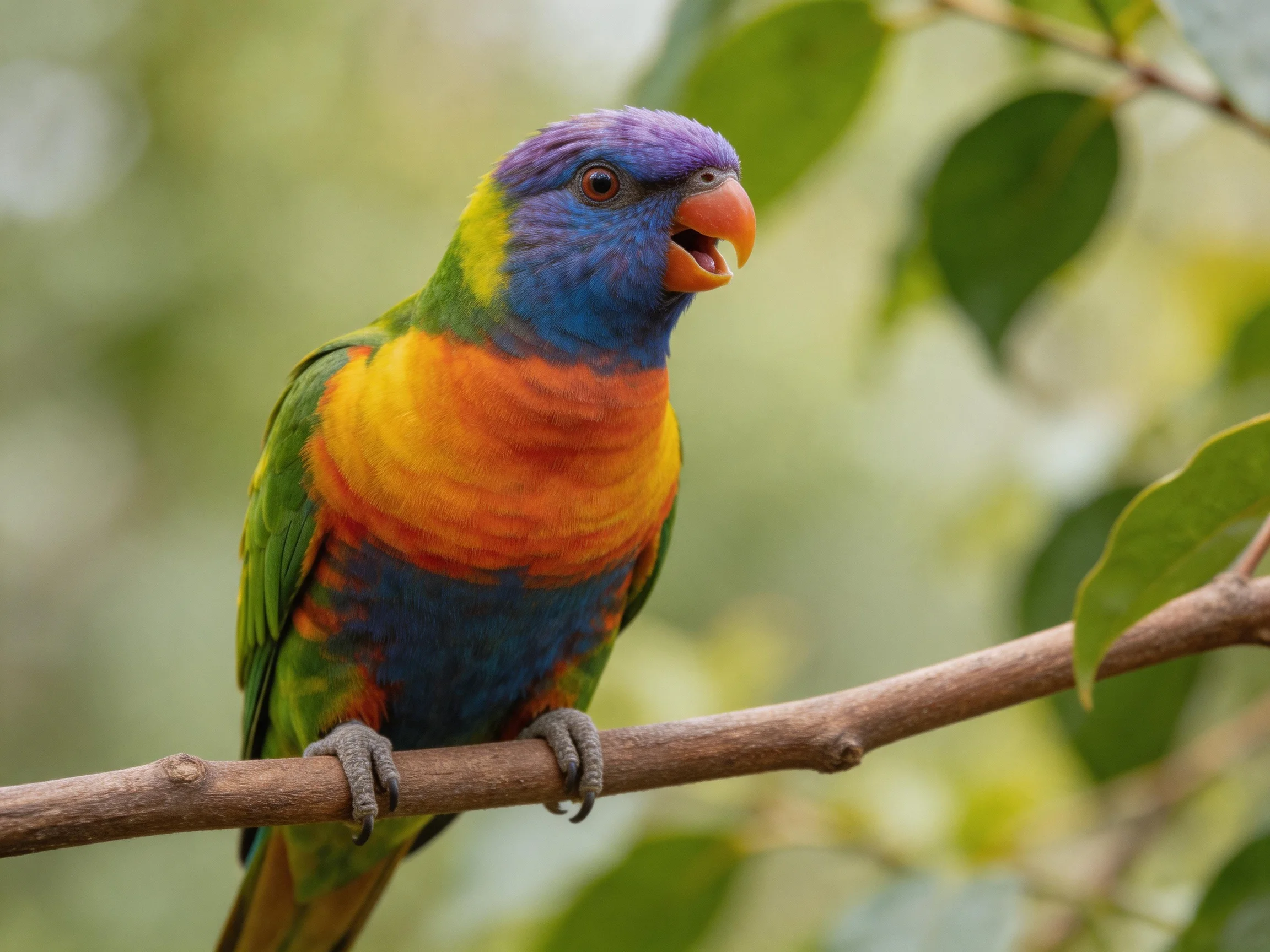 Vibrant rainbow-colored parrot perched on a tree branch