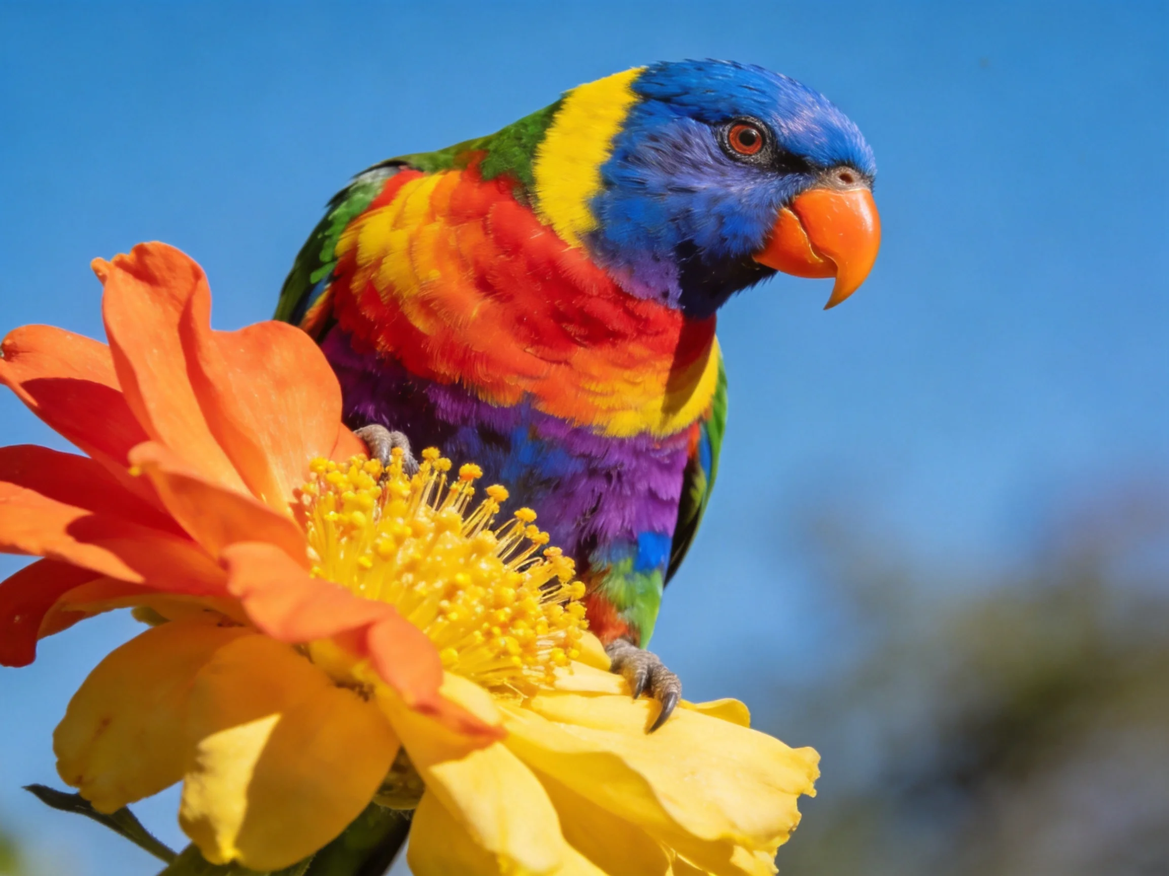 Vibrant rainbow-hued parrot perched on a large orange-yellow flower