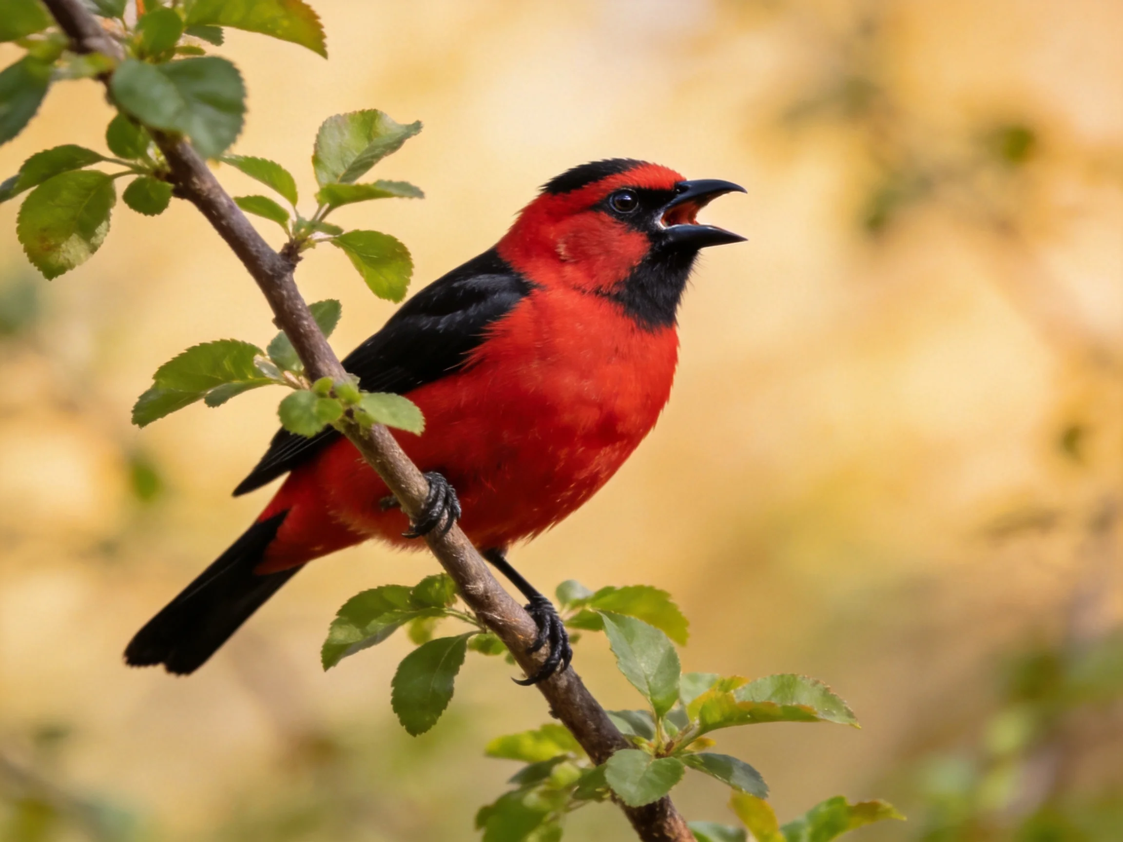 Vibrant red and black bird perched on leafy branch