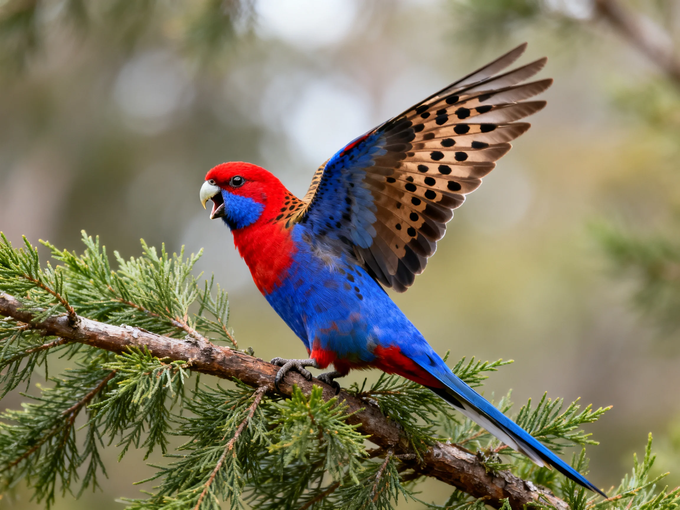 Vibrant red and blue parrot spreading wings on a pine branch