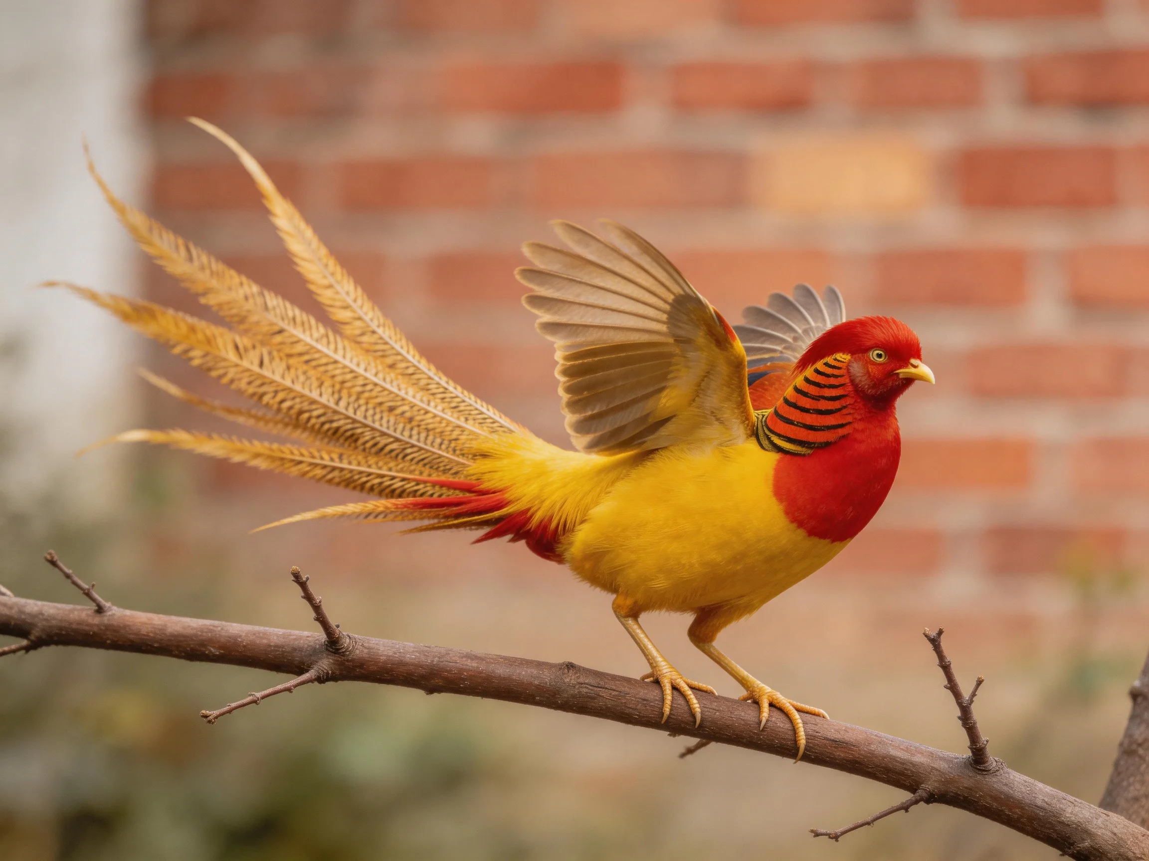 Vibrant red and gold pheasant perched on a branch
