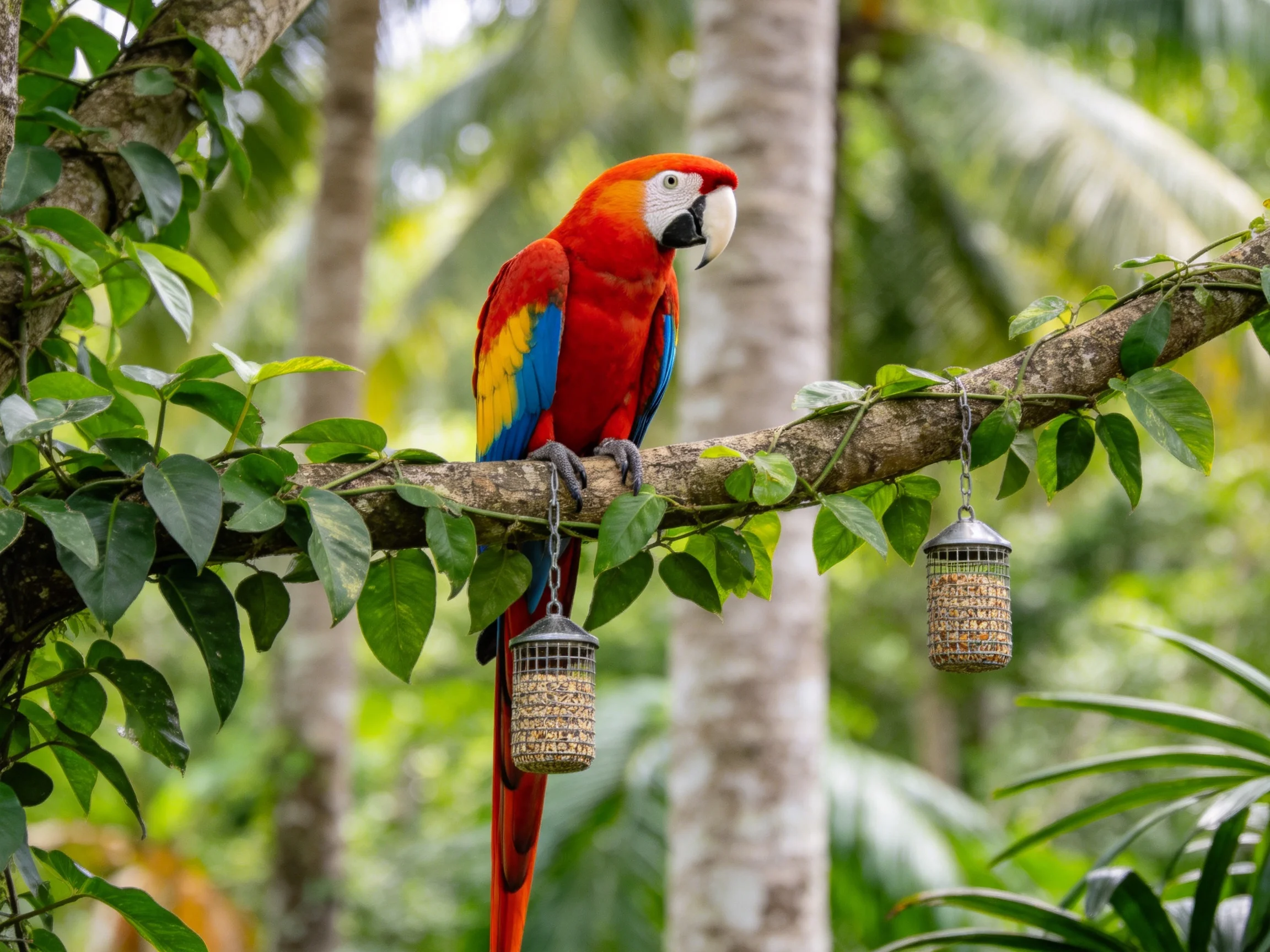 Vibrant red, blue, yellow parrot on leafy branch with bird feeders