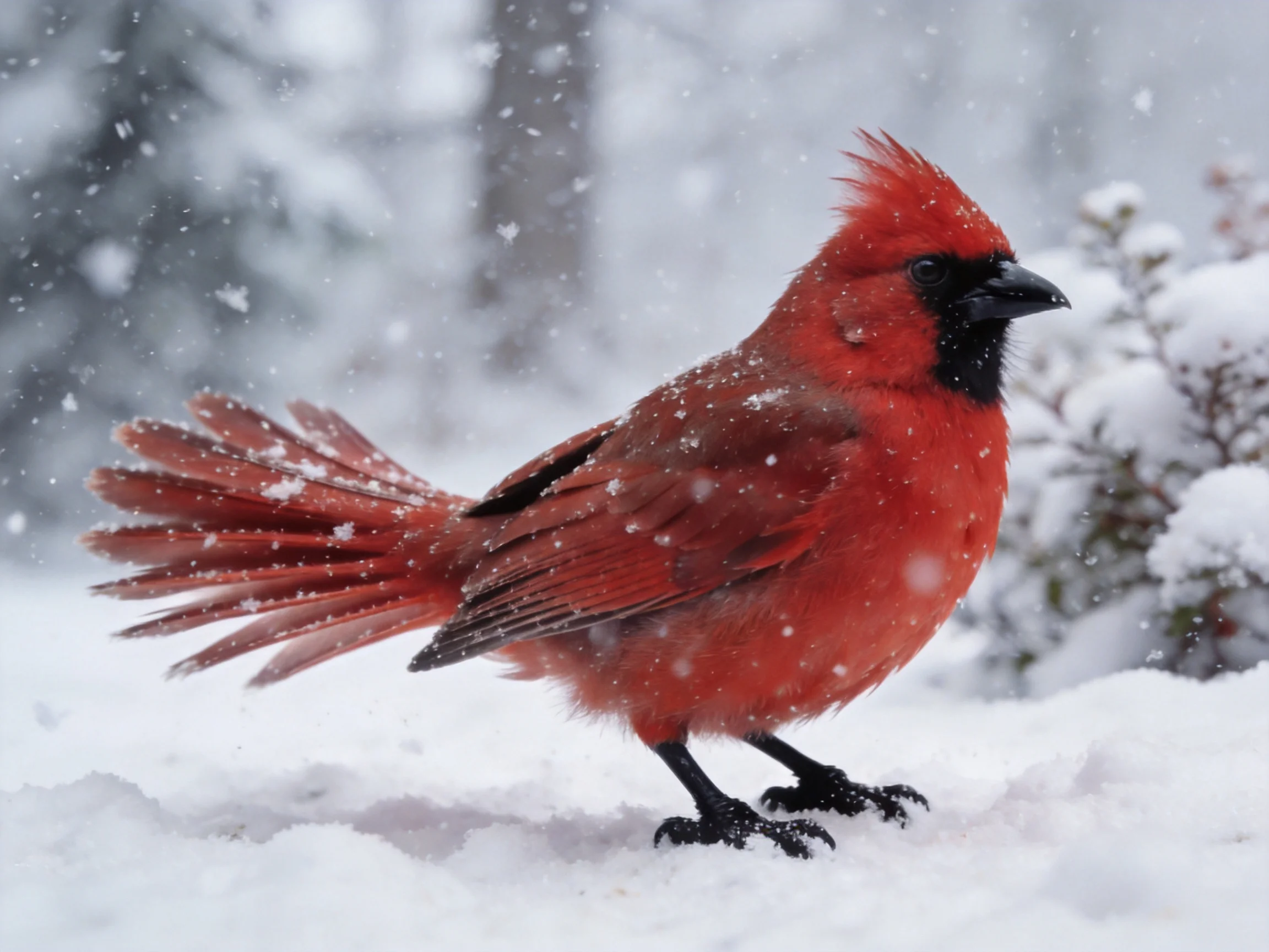 Vibrant red cardinal in falling snow