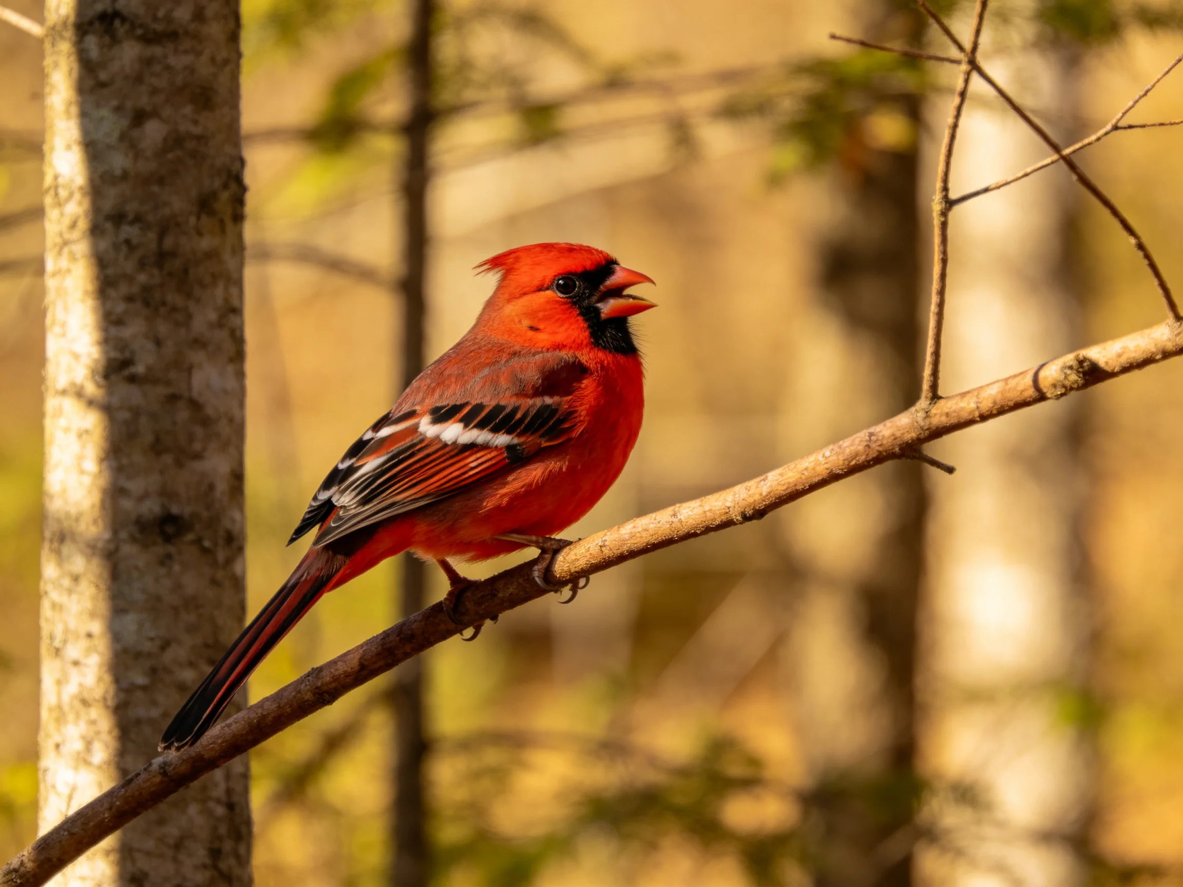 A redcardinal rests on a branch in a sunlit forest.