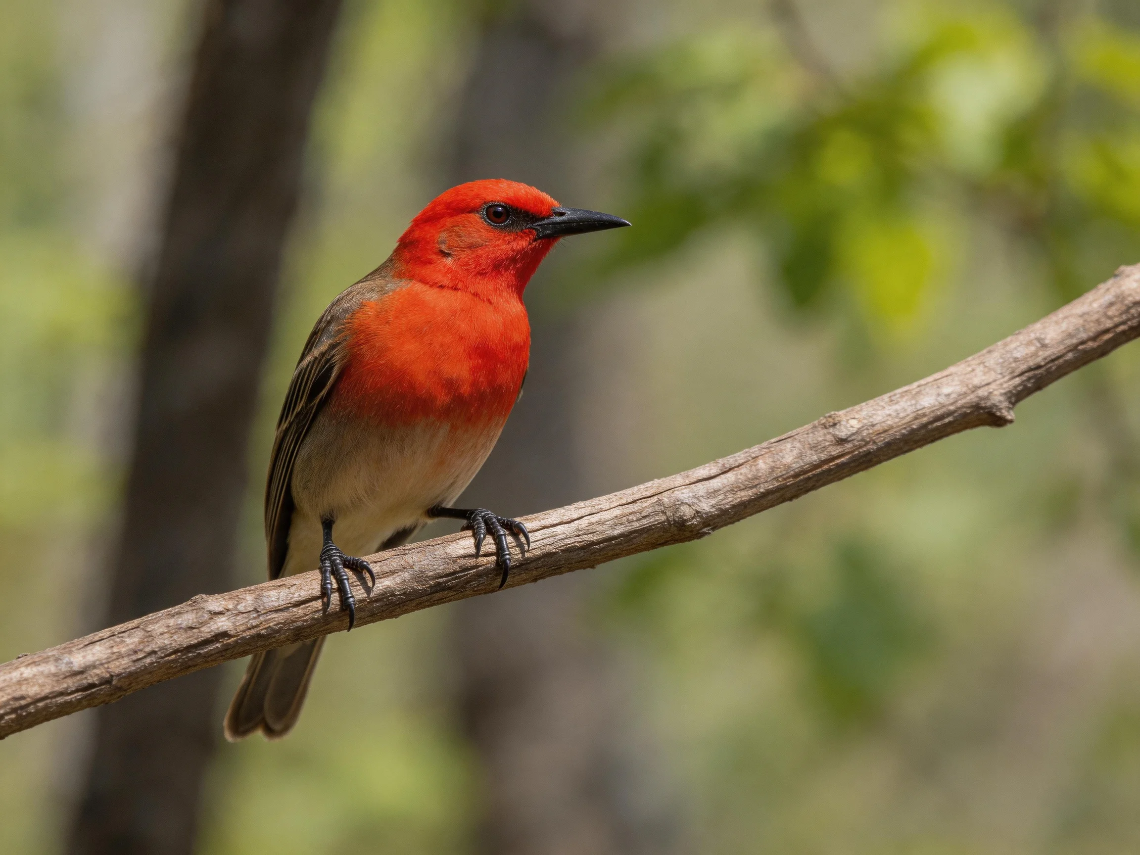 Vibrant red-headed bird perched on a slender tree branch