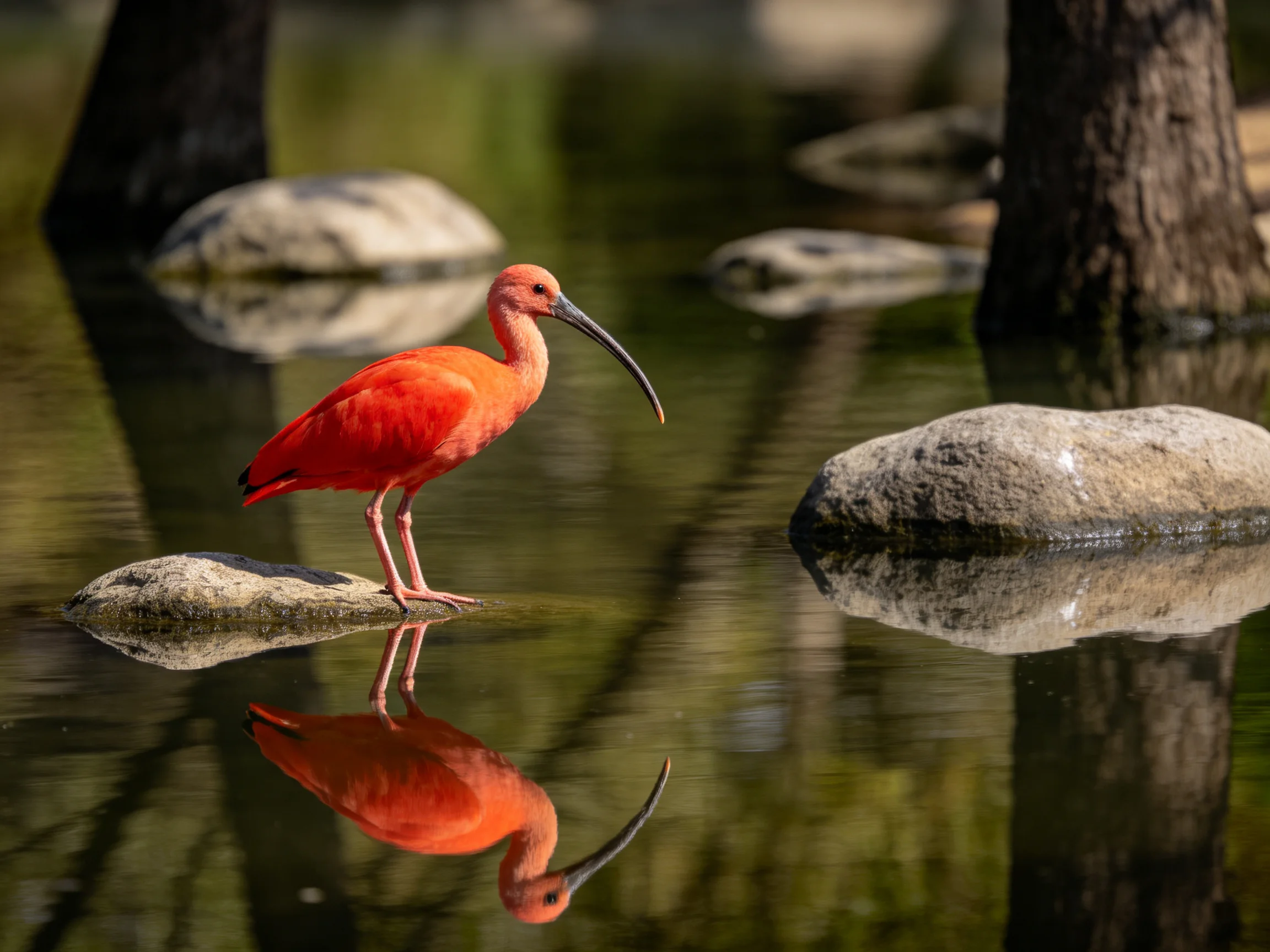 Vibrant red ibis perched on a rock
