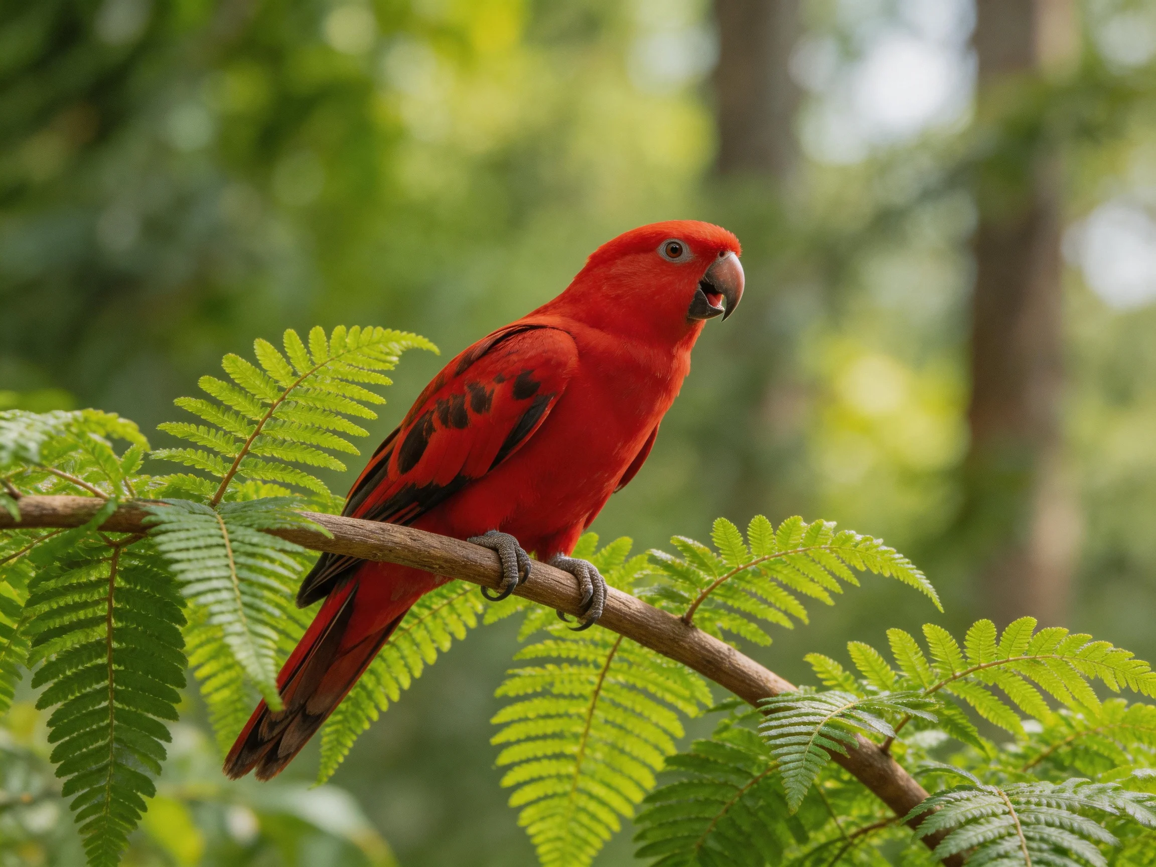 Vibrant red parrot perched on a tree branch with ferns