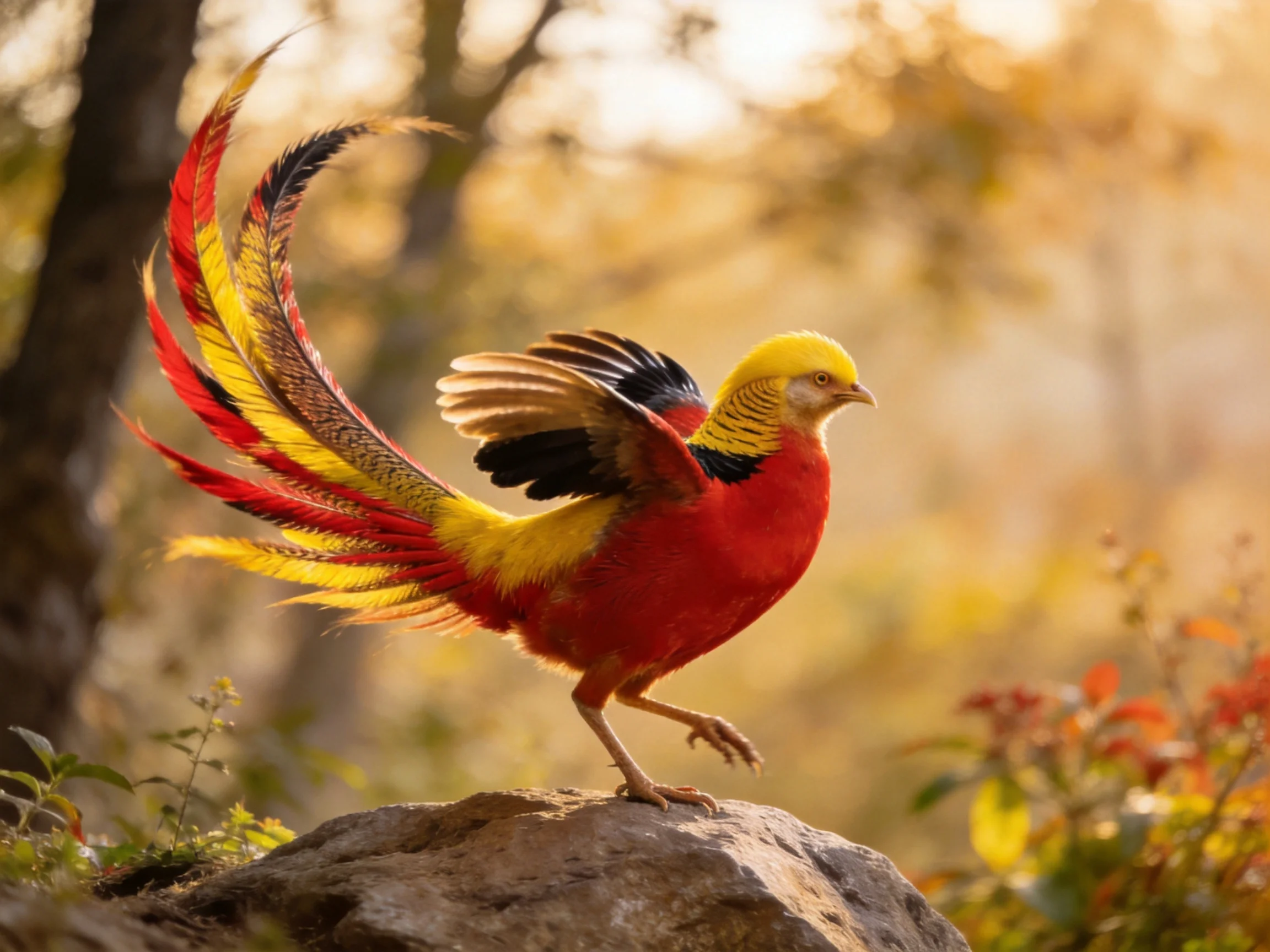 A brightly colored bird stands on a rock in a sunlit forest environment.