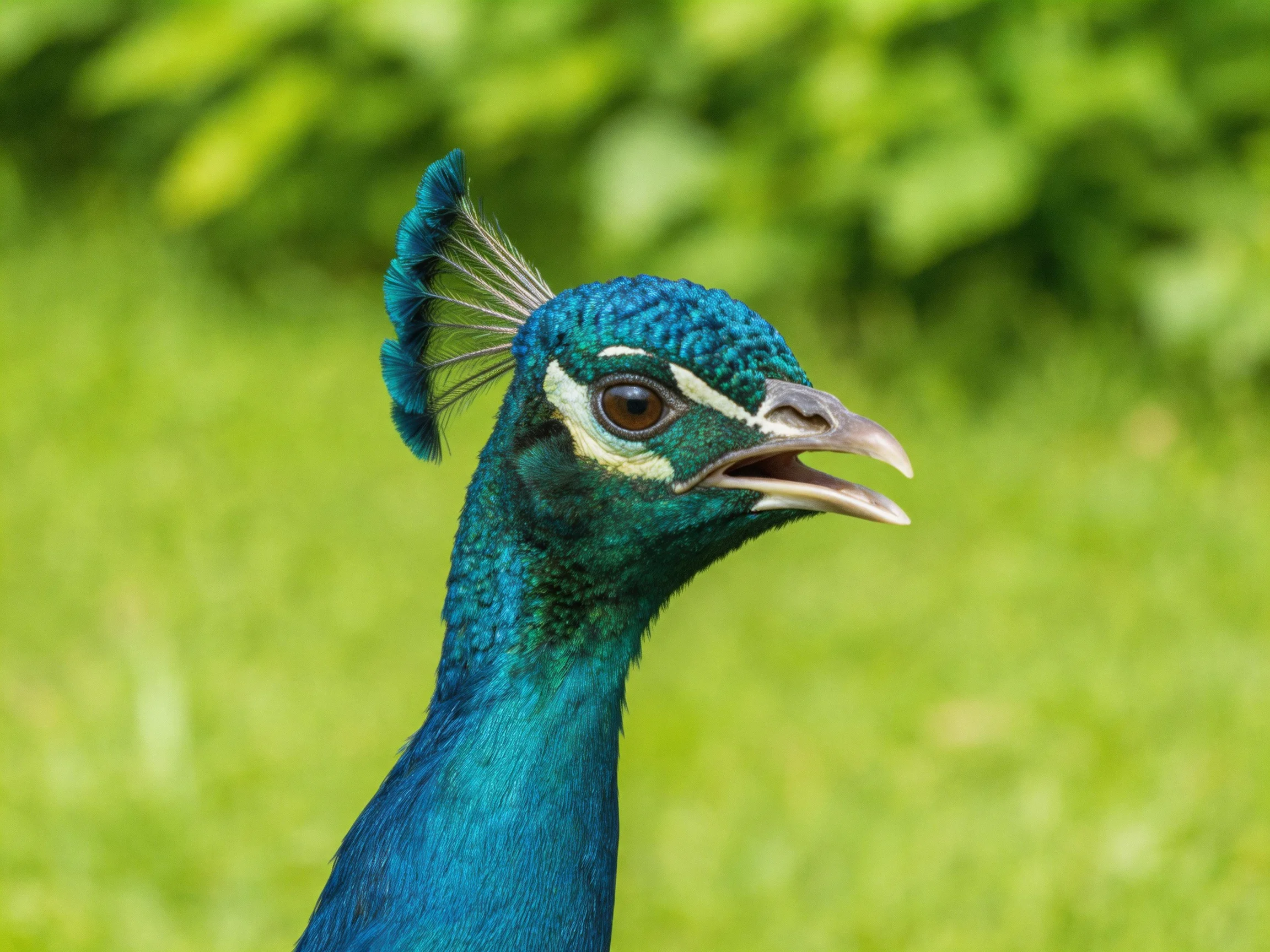 Vibrant teal peacock head with elaborate crest