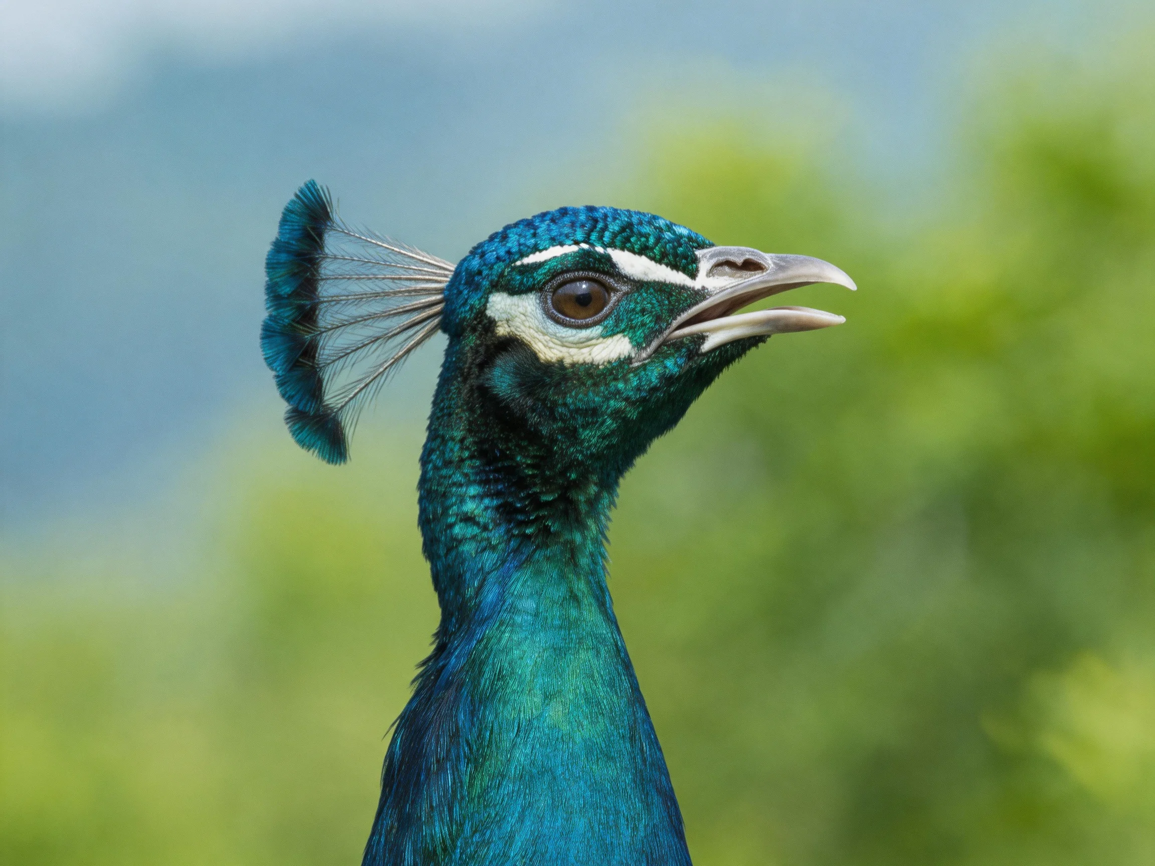 Vibrant teal peacock with distinctive fan crest