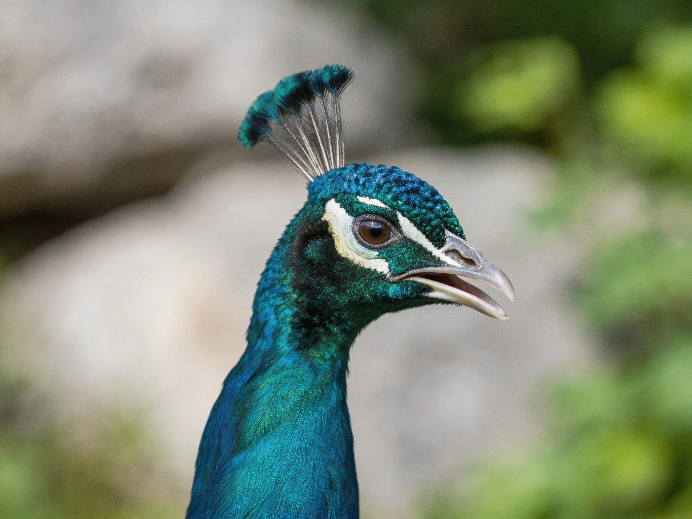 Vibrant teal peacock with elaborate crest and sharp beak