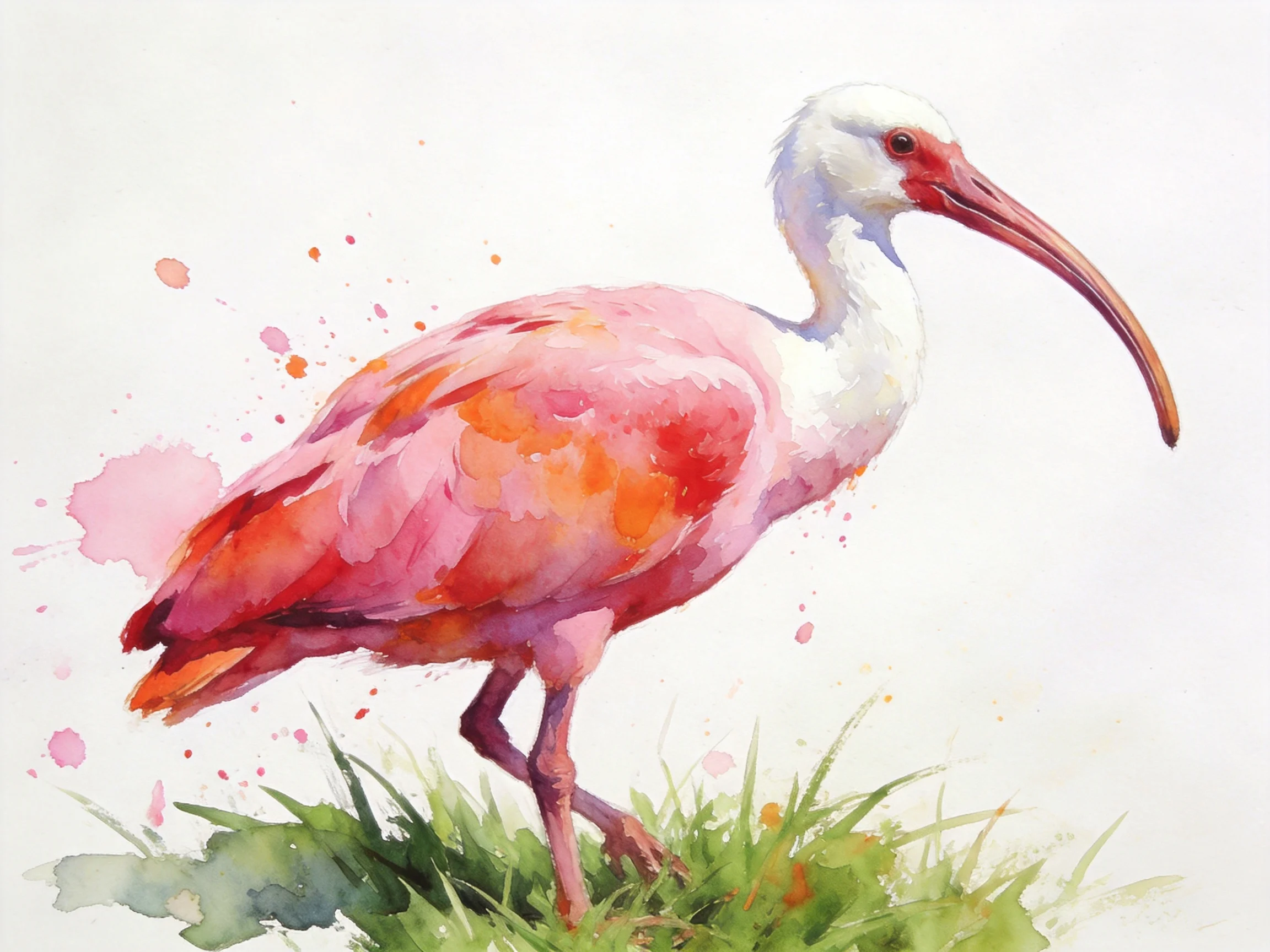 A watercolor illustration shows a pink ibis standing on grass.