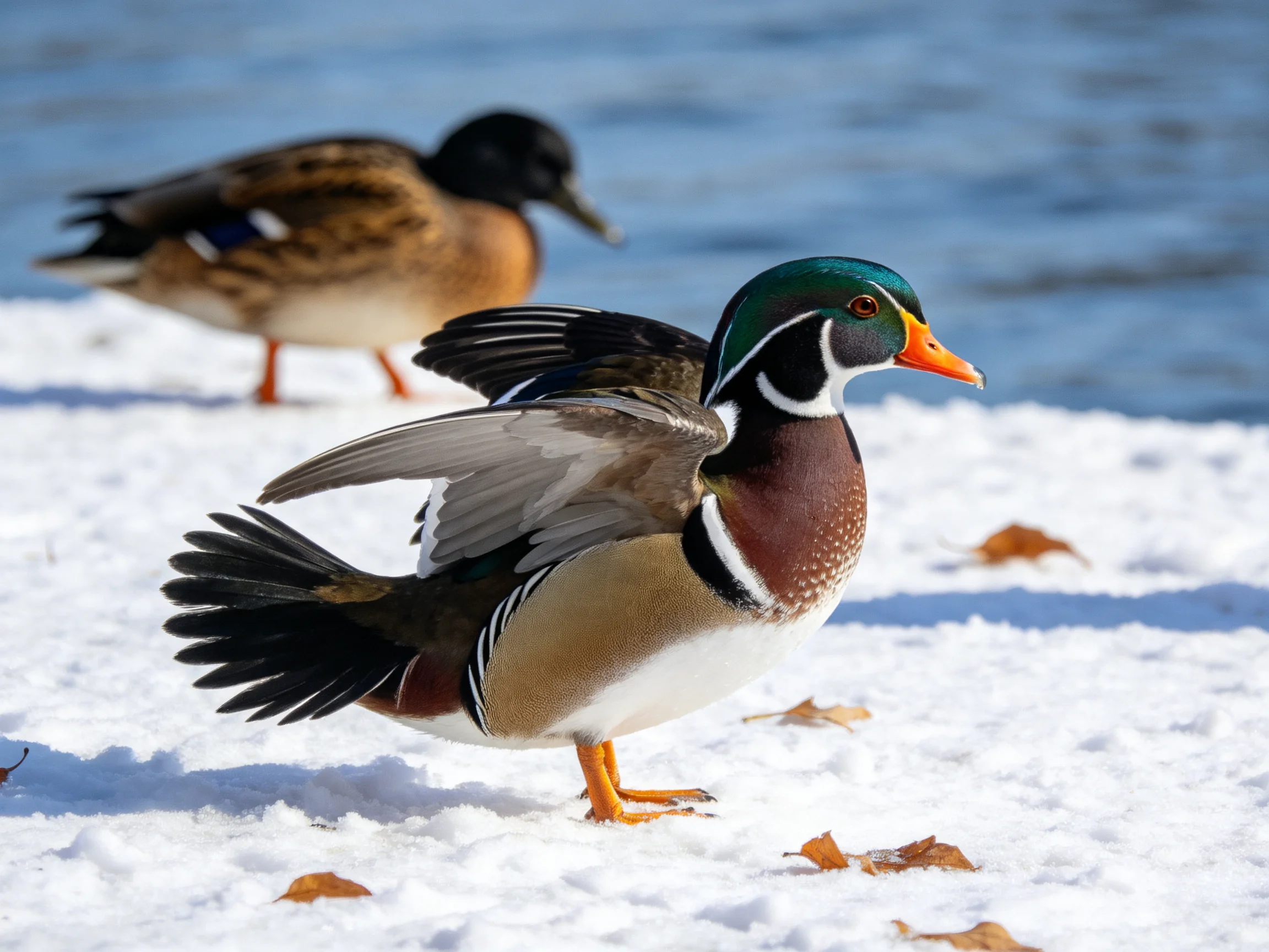 Vibrant wood duck and brown mallard on snowy lakeshore