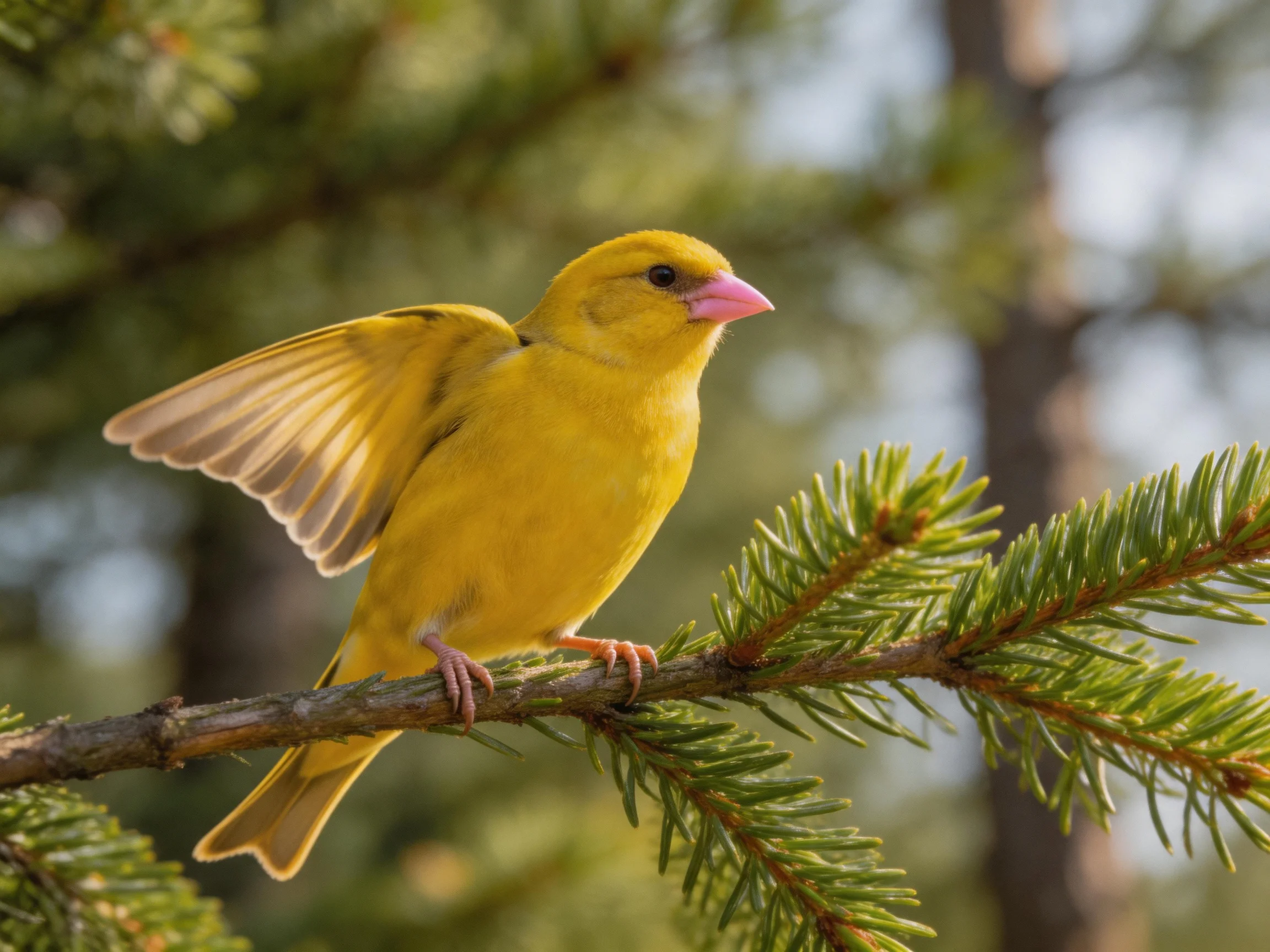 Vibr vibrant yellow bird perches on a green pine branch in nature forested setting.
