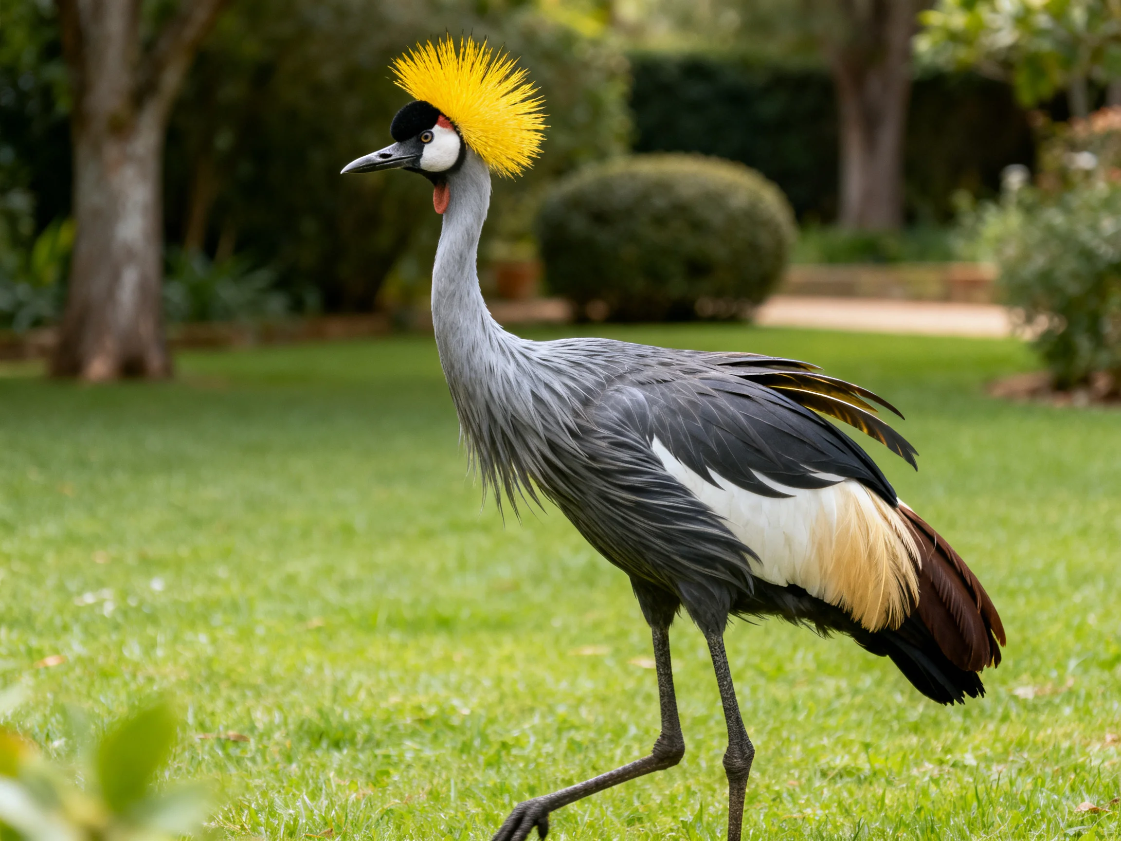 Vibrant yellow-crowned grey crane walking on green grass