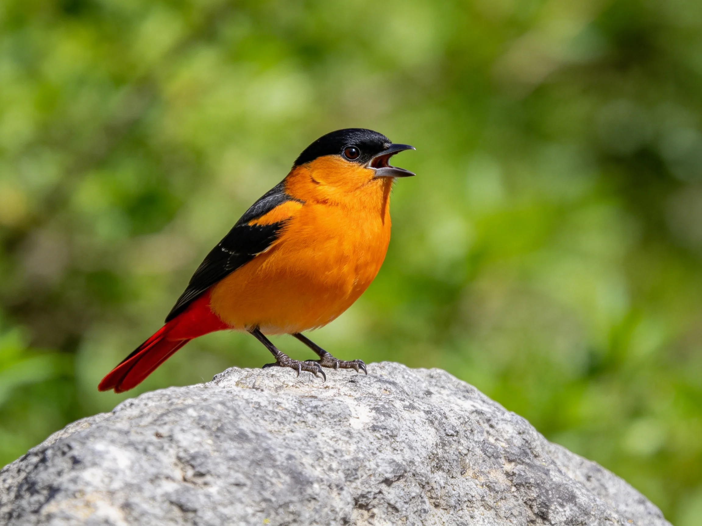 Vibrantly colored bird with orange, black, red plumage perched on a gray rock